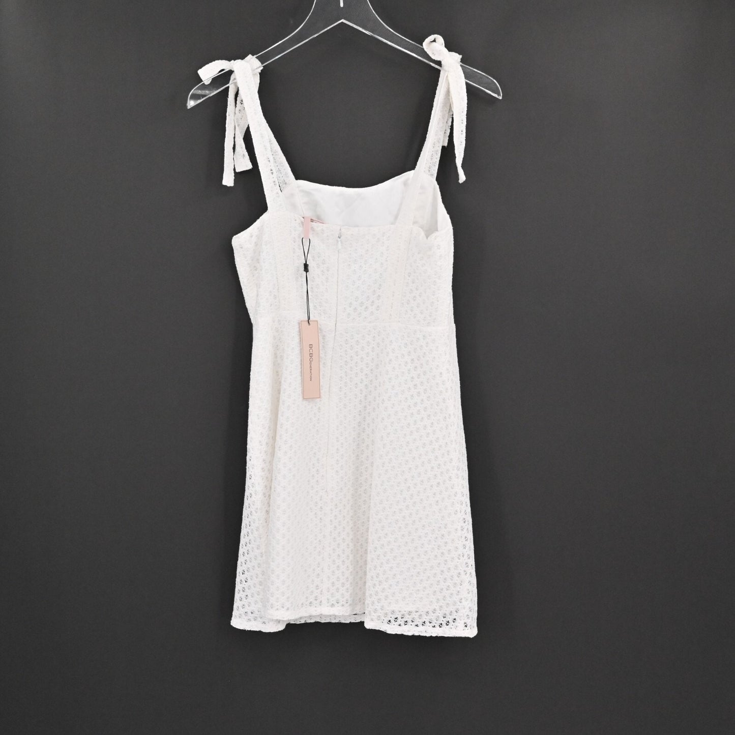 BCBGENERATION Dress Size 0 White Eyelet Cotton Skater Tie Shoulders Bridal NEW