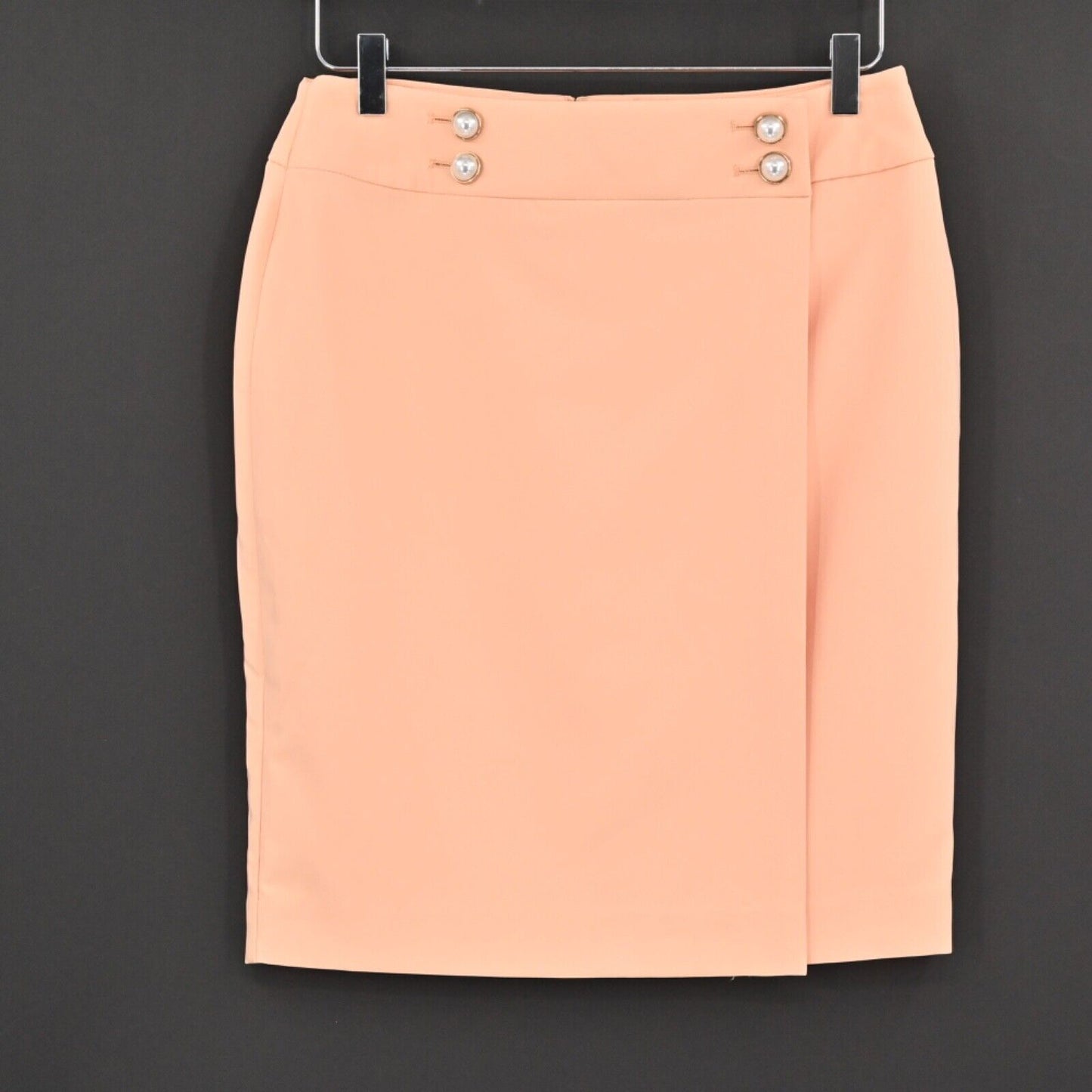 New CALVIN KLEIN Skirt Womens Size 6P Peach Coral Faux Wrap Pencil Pearl Button
