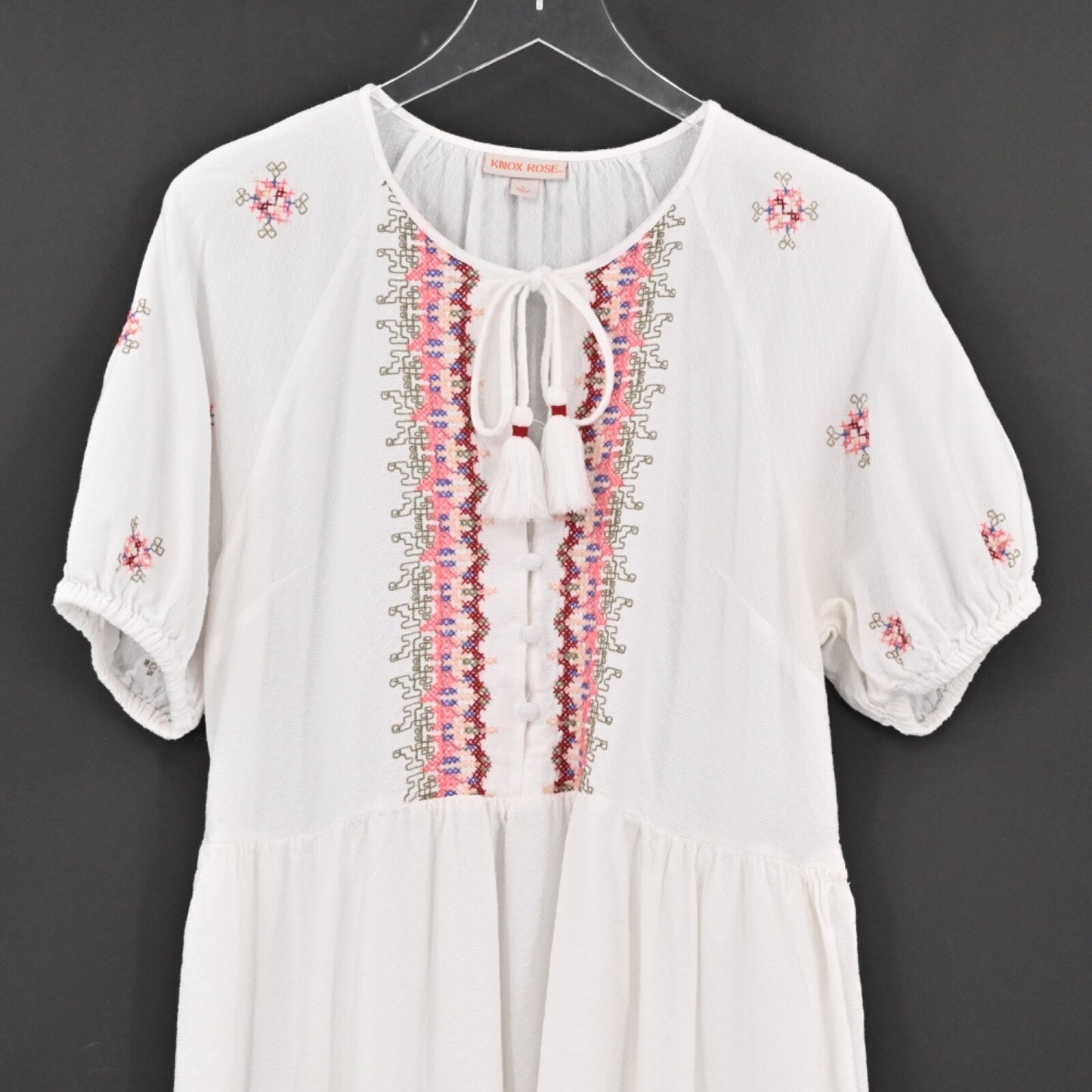 KNOX ROSE Embroidered Dress Womens Size L Cottagecore Tassel Tie Button White