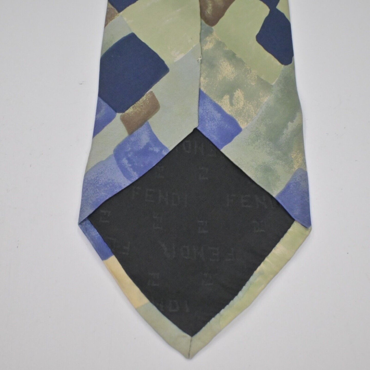 Vtg FENDI Dress Tie Mens Silk Made In Italy Geometric Watercolor Green Blue 80s