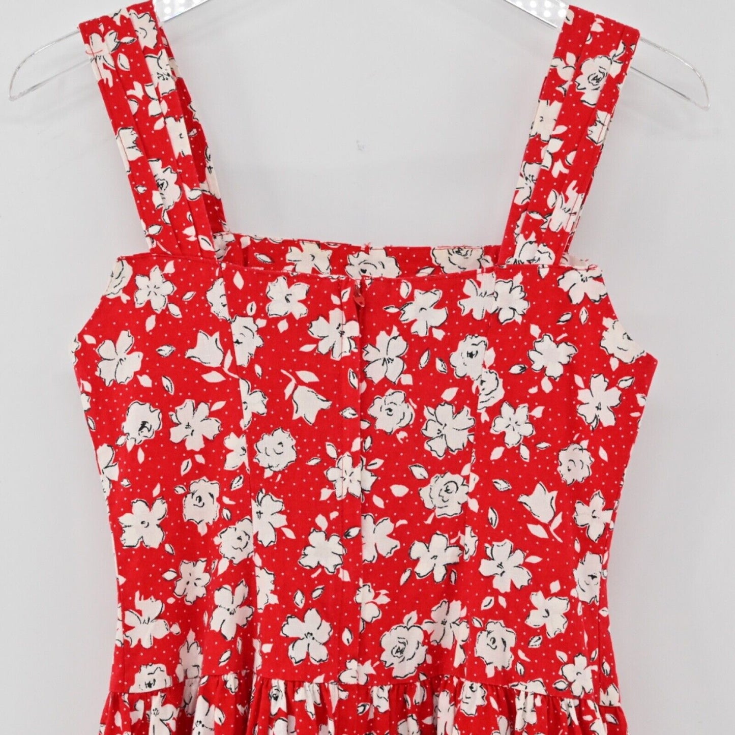 Vtg PAQUETTE Dress Women Sz 6 Red Floral Cotton Square Neck Basque Waist USA 90s