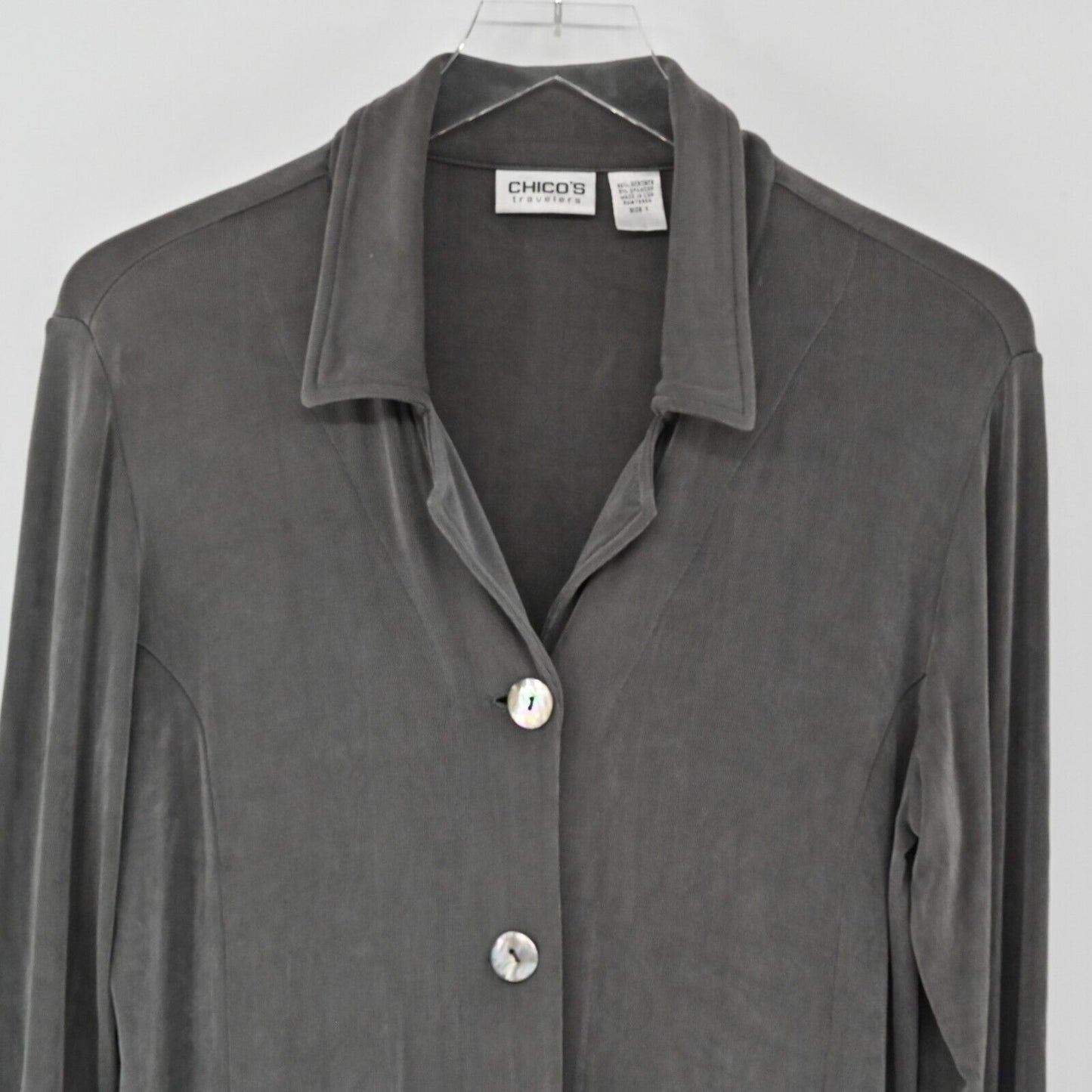 CHICOS Sweater Womens Sz M Travelers Collection Slinky Knit Jacket Grey Capsule