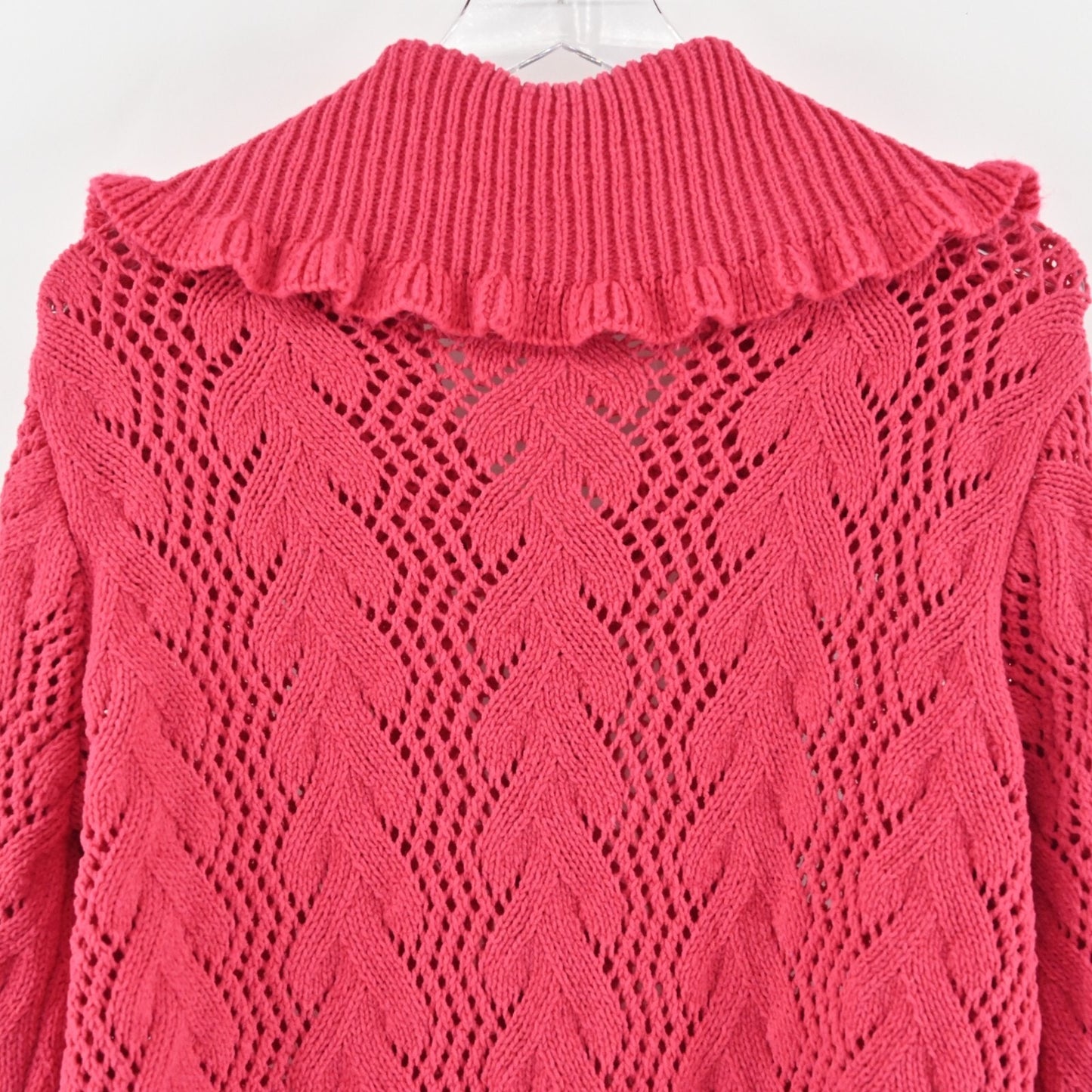 RICH FAMOUS Jacket Womens Size L Hot Pink Knit Sweater Full Zip Ruffle Collar