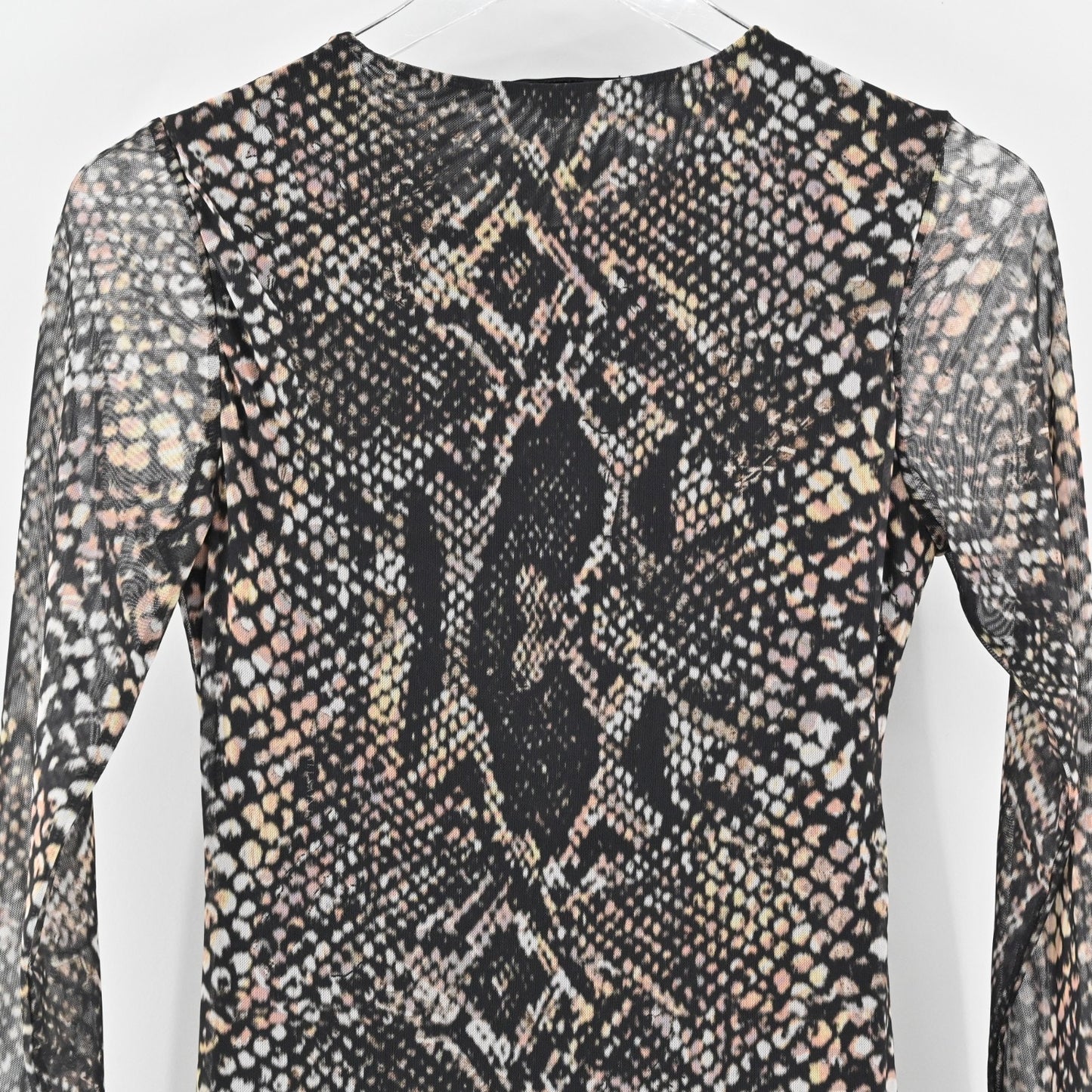 ALLSAINTS Nora Waima Dress Size 6 Slim Fit Ruched Midi Black Snake Motif Print