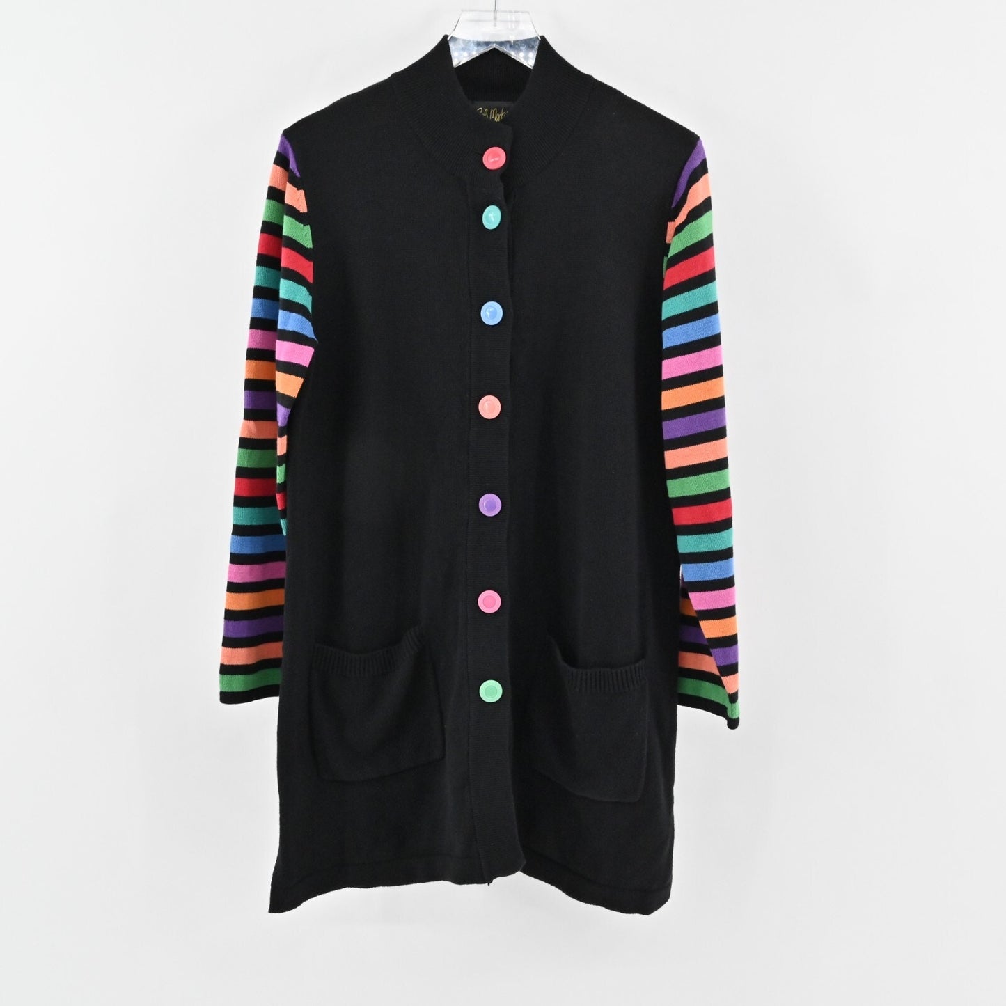 BOB MACKIE Cardigan Sweater Womens Size L Wearable Art Multicolor Stripe Knit