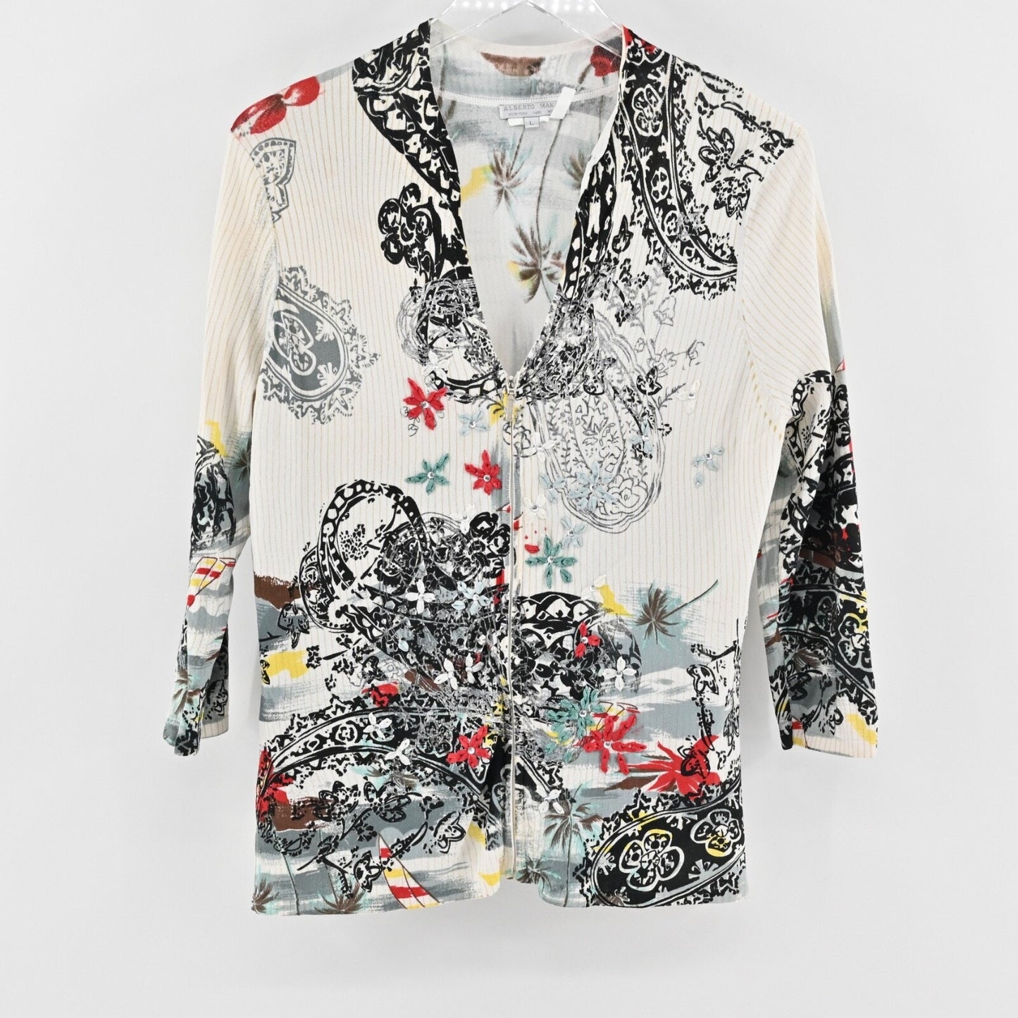 Vtg ALBERTO MAKALI Cardigan Womens Sz L Ivory Tropical Print V Neck Full Zip Y2k