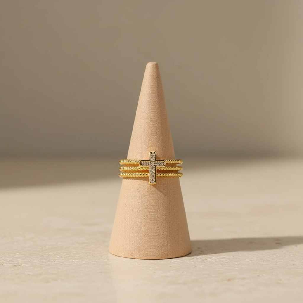 Stainless Steel Braided Cross Adjustable Open Ring Gold Plated