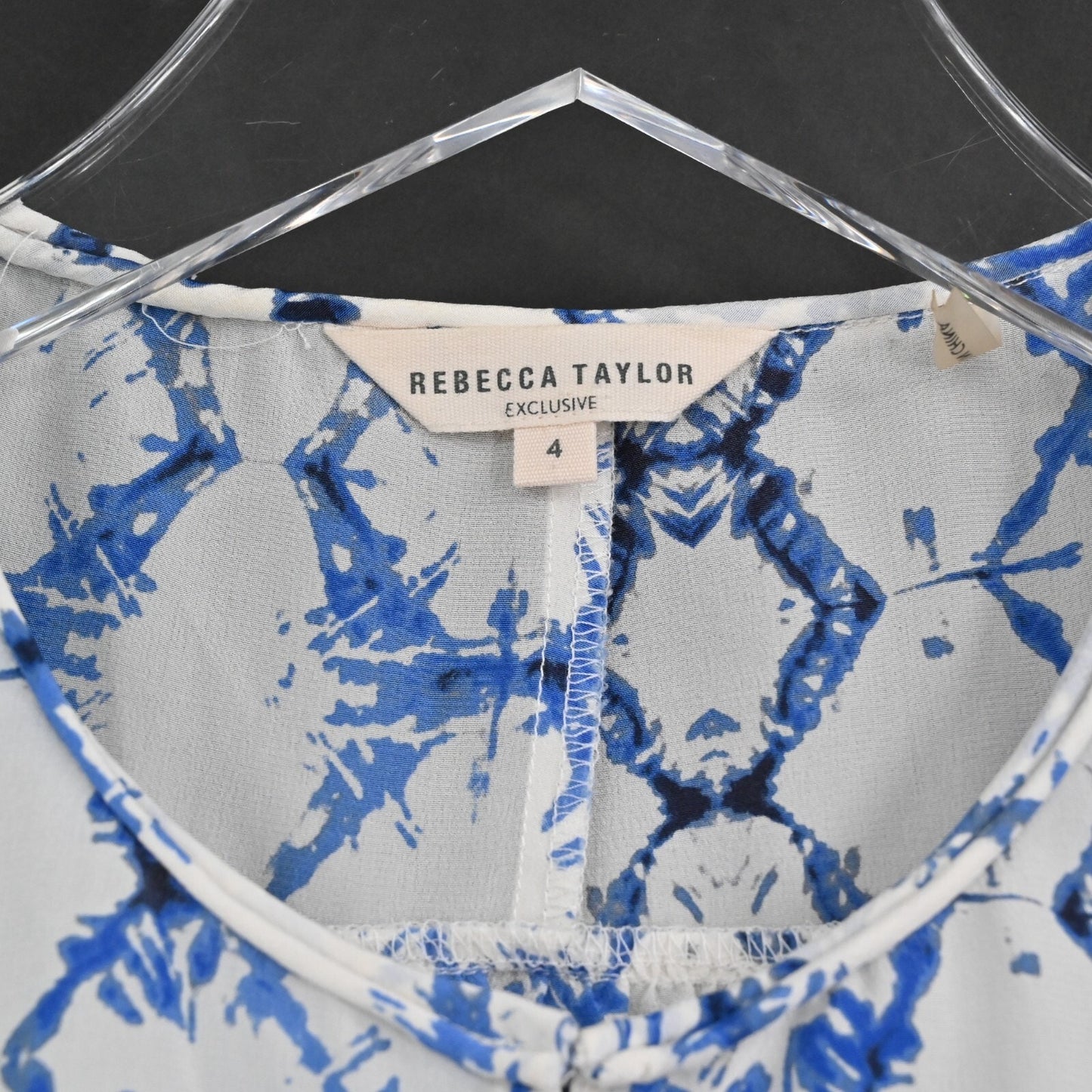REBECCA TAYLOR Top Womens Sz 4 Exclusive Blue White Print Silk Sleeveless Blouse