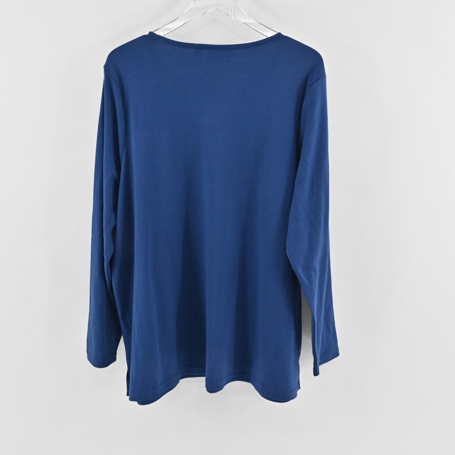 Quacker Factory Womens Rhinestone Pocket Split Neck Top Size 2X Light Navy Tee