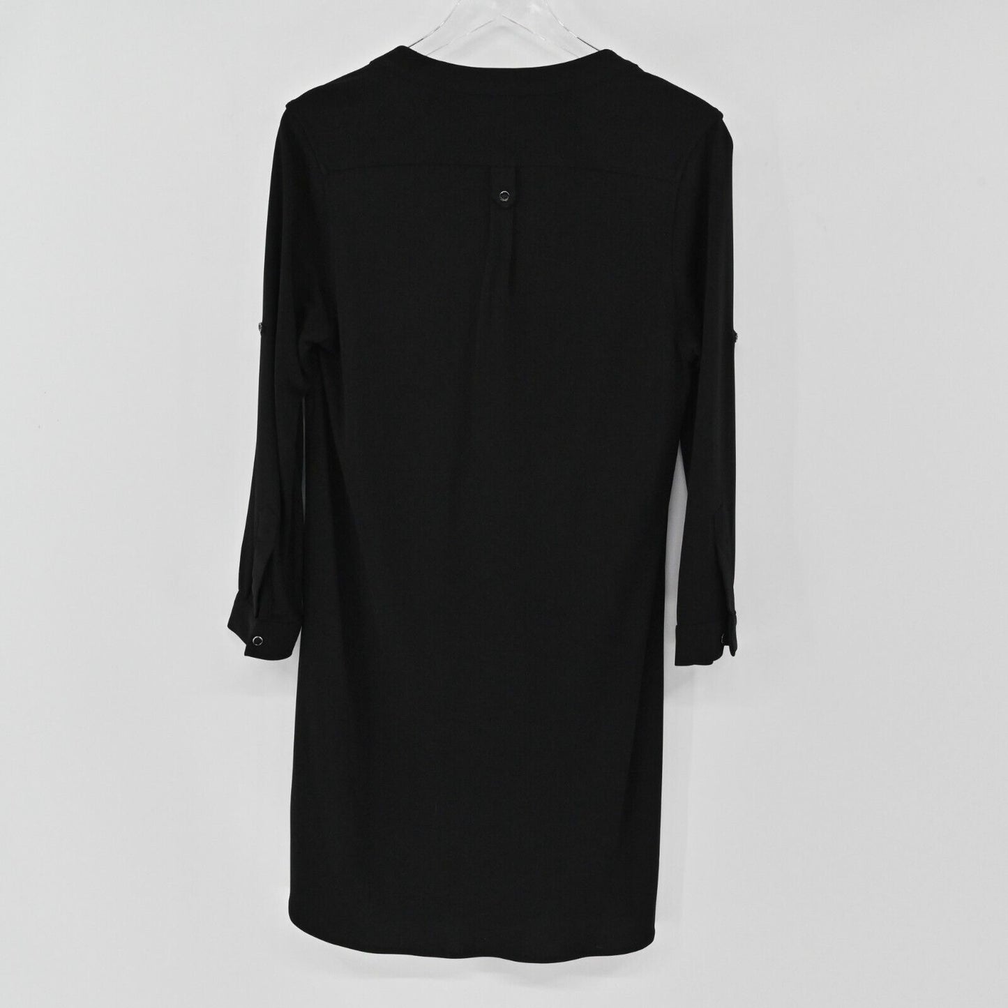 ZARA Dress Womens Size S Solid Black VNeck Shirt Style Relaxed Roll Tab Sleeve