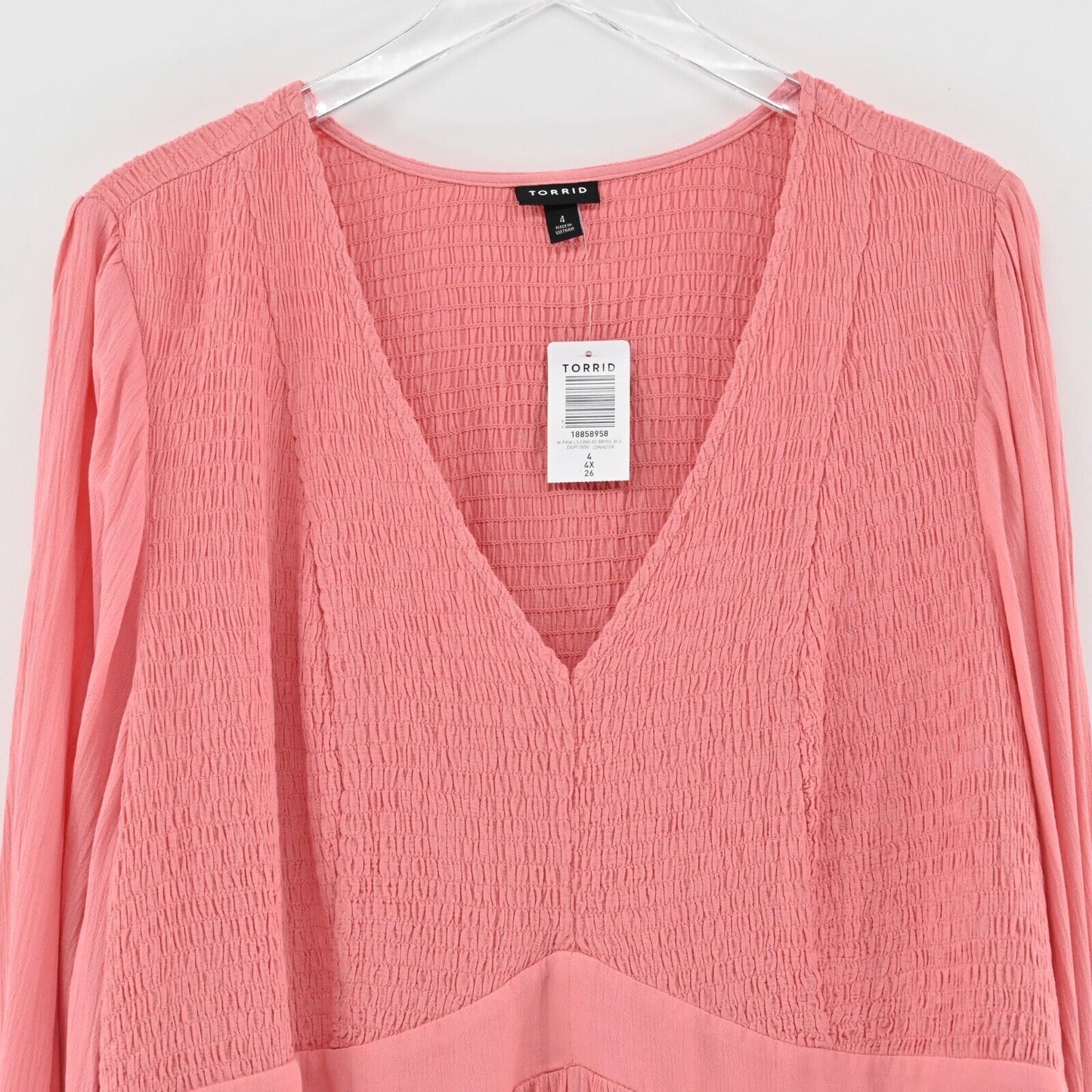 TORRID Top Womens Size 4X Babydoll Crinkle Gauze Smocked VNeck Woven Pink NEW