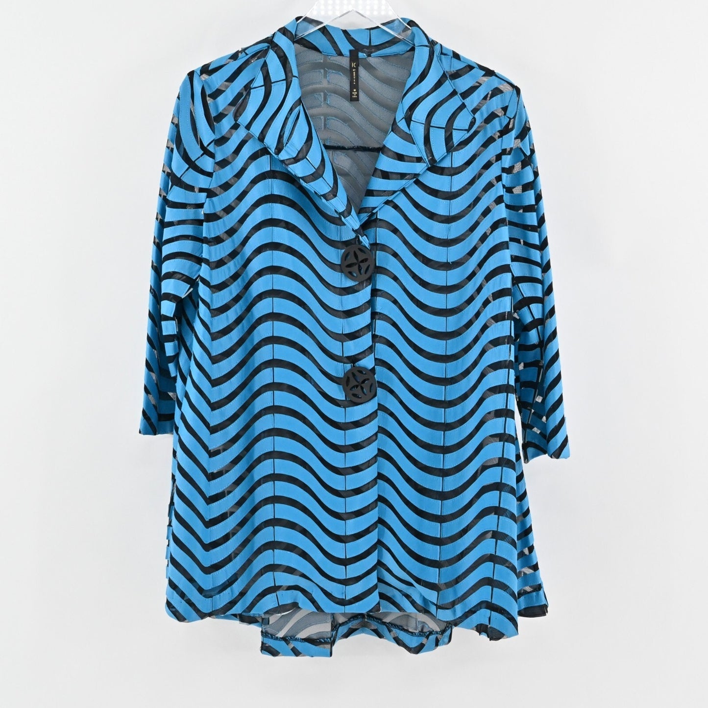 IC by CONNIE K Textured Jacket Womens Size M Blue Black Mesh Wavy Stripe Retro