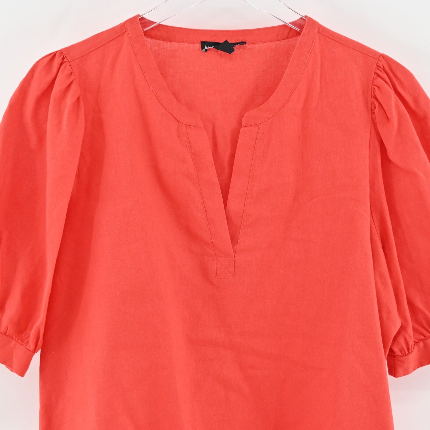 SAKS FIFTH AVENUE Top Womens Size XL Coral Linen Blend Split V Neck Puff Sleeve