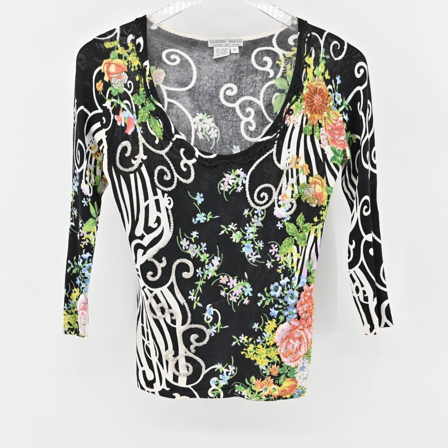 ALBERTO MAKALI Top Womens Size S Multicolor Floral Print Sequin Beaded Blouse