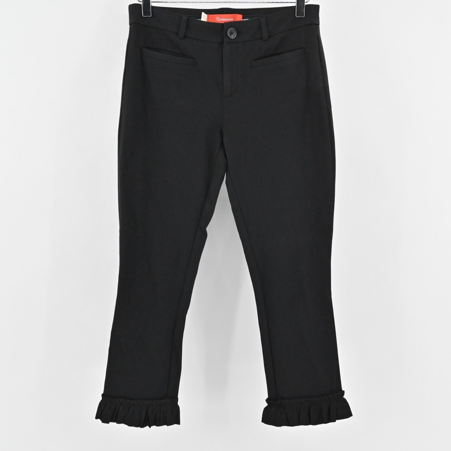 Anthropologie Cartonnier Womens Black Pants Size 2 Ruffle Hem Cropped Capri