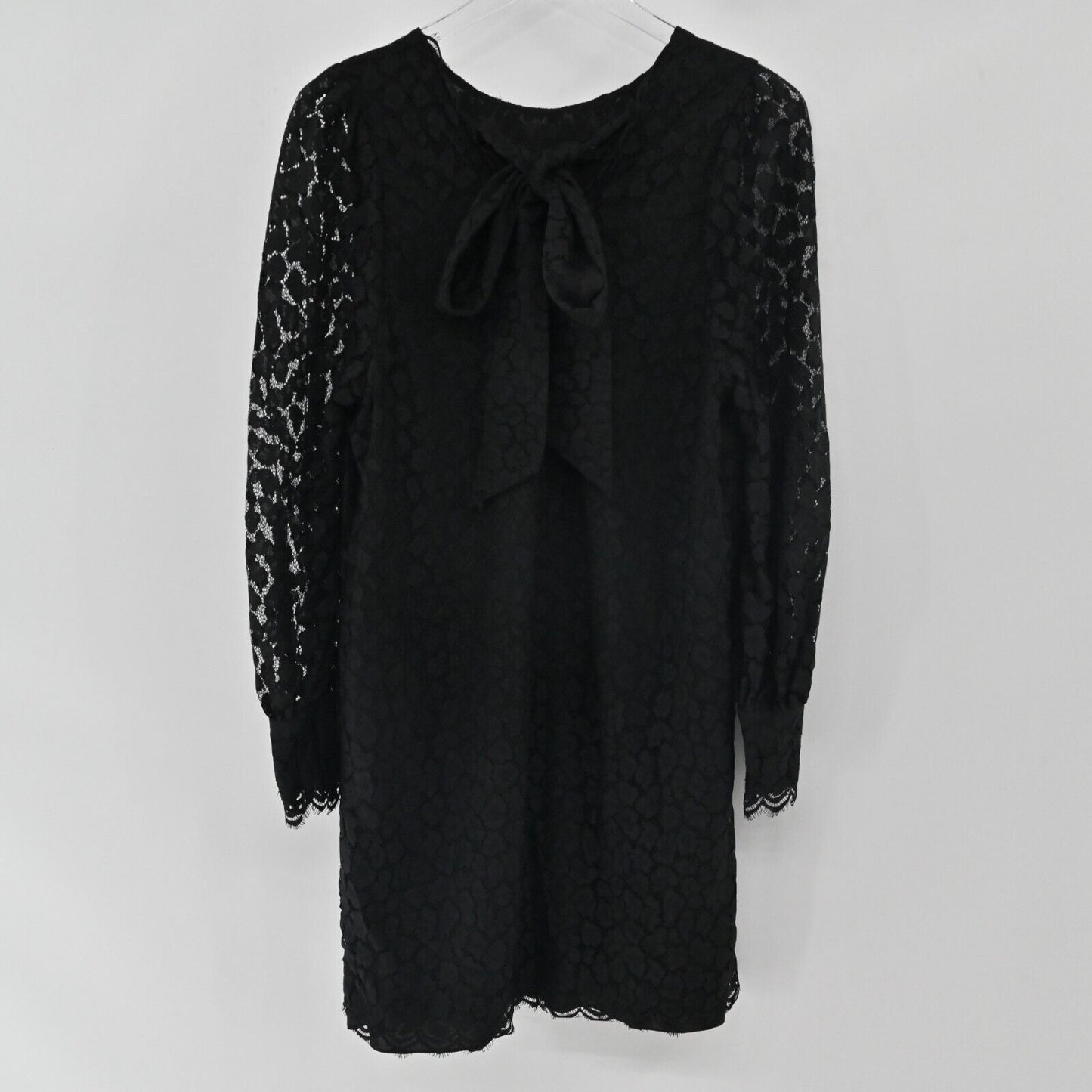 WHISTLES Dress Womens Sz 12 Black Animal Lace Tie Detail Sheer Puff Sleeve Shift