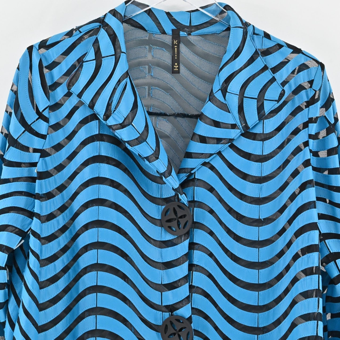 IC by CONNIE K Textured Jacket Womens Size M Blue Black Mesh Wavy Stripe Retro