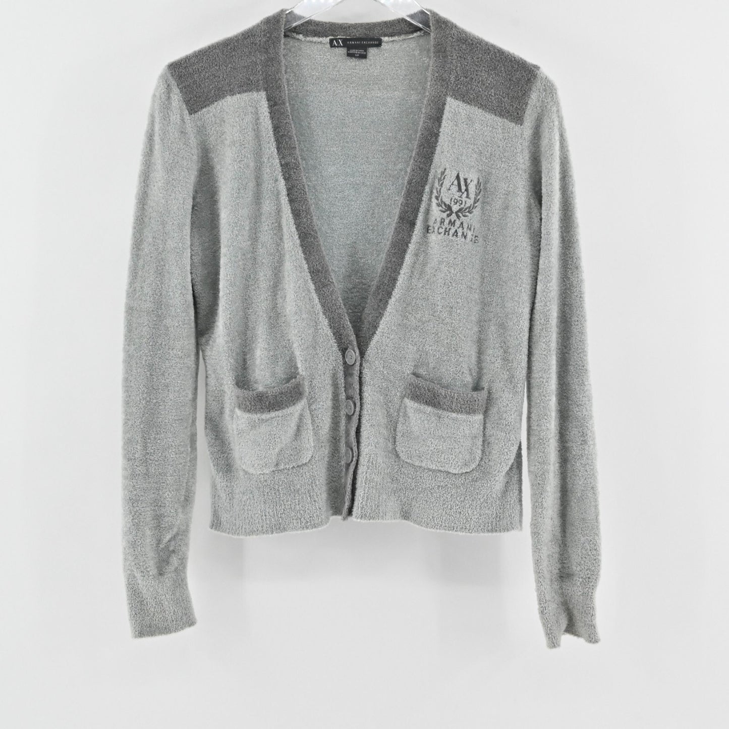 ARMANI EXCHANGE Womens Cardigan Sweater Size S Academic Gray Logo Patch Pocket