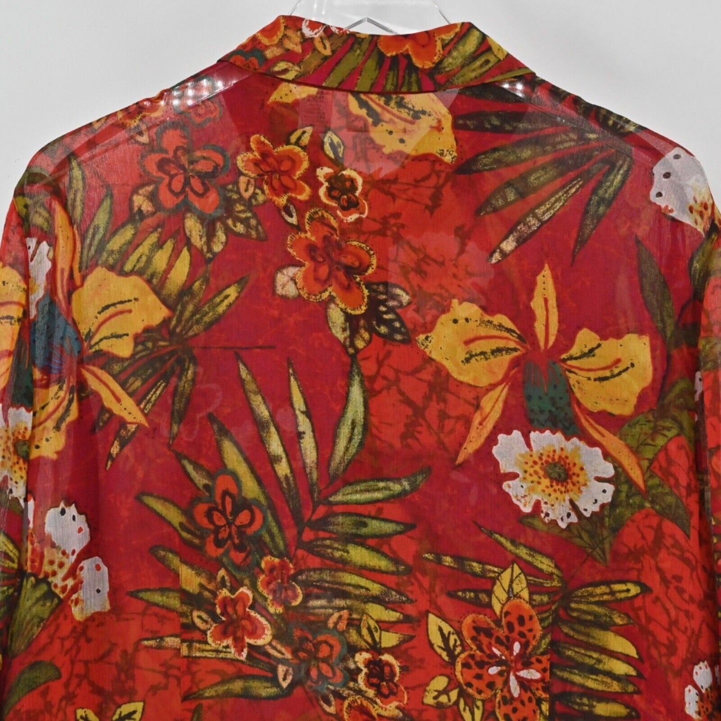 Vtg CHICOS Top Womens Size XL Red Tropical Floral Button Up Silk Bell Sleeve 00s
