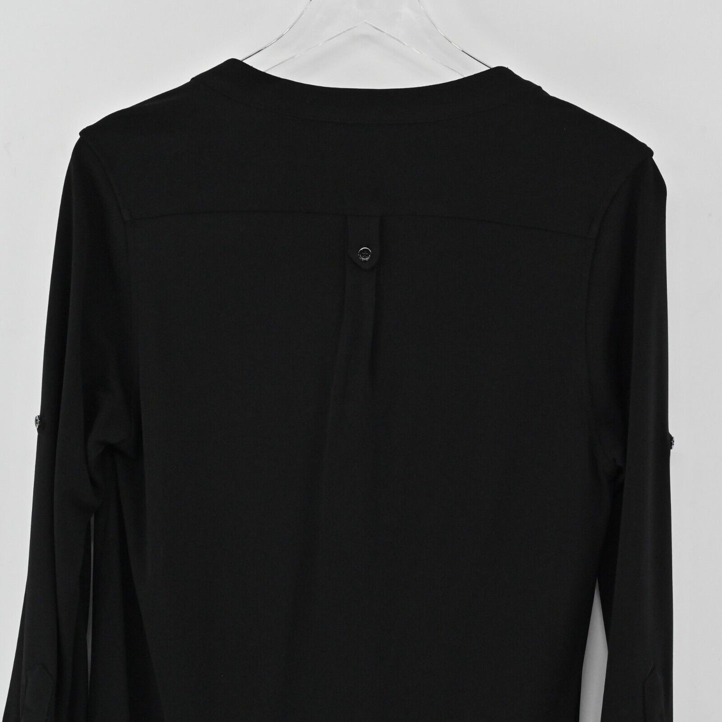 ZARA Dress Womens Size S Solid Black VNeck Shirt Style Relaxed Roll Tab Sleeve