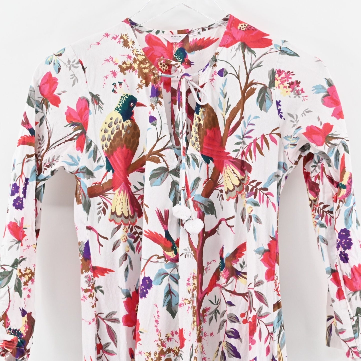 GUADALUPE DESIGN Maxi Dress Size S Cotton Tie Neck Bird Floral Print Relaxed