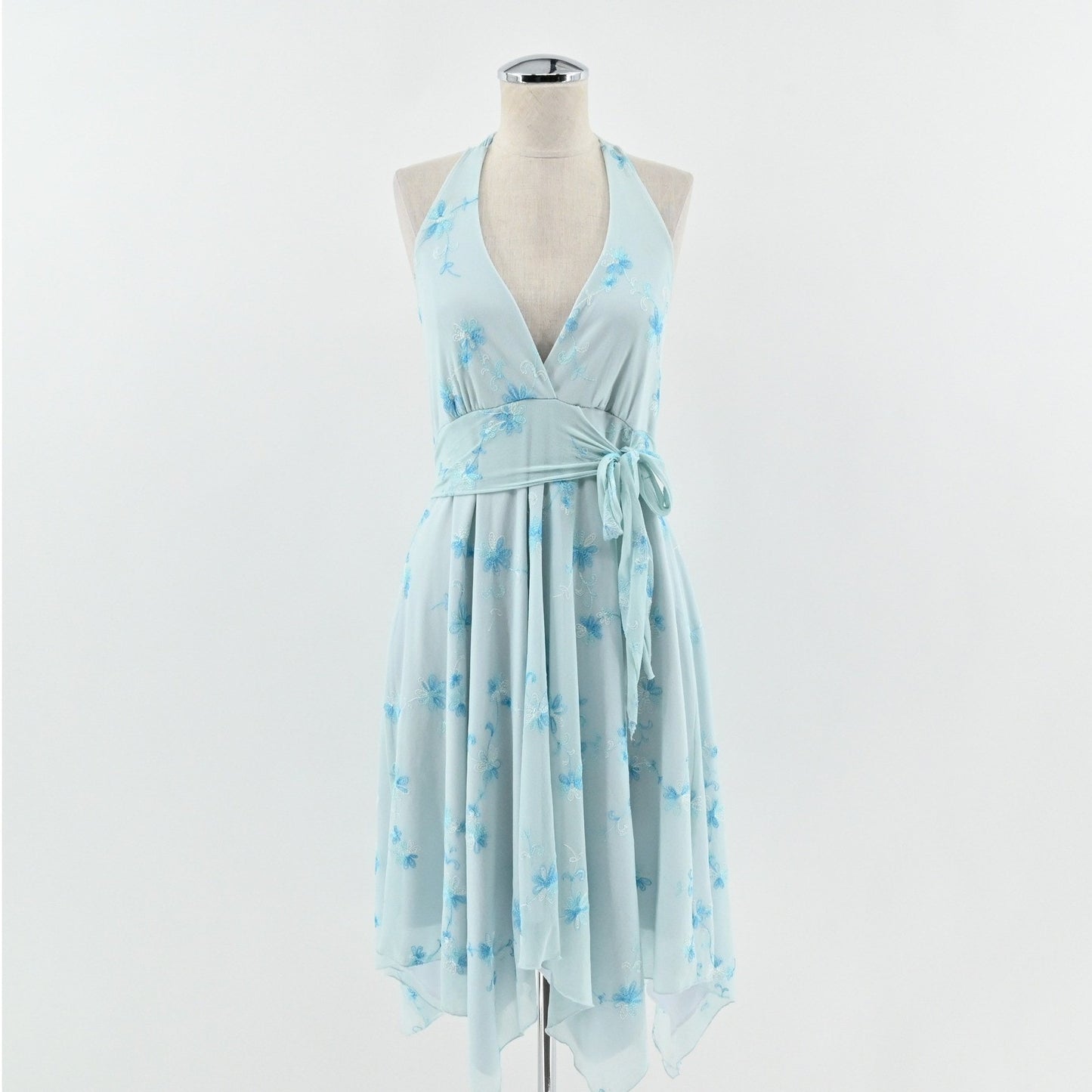 Vtg Y2k Fairycore Babydoll Dress Size S Ethereal Blue Floral Handkerchief Halter
