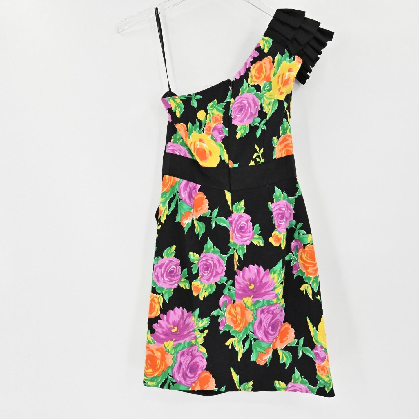 PHOEBE COUTURE Womens Size 2 One Shoulder Black Floral Dress Gathered Pleated