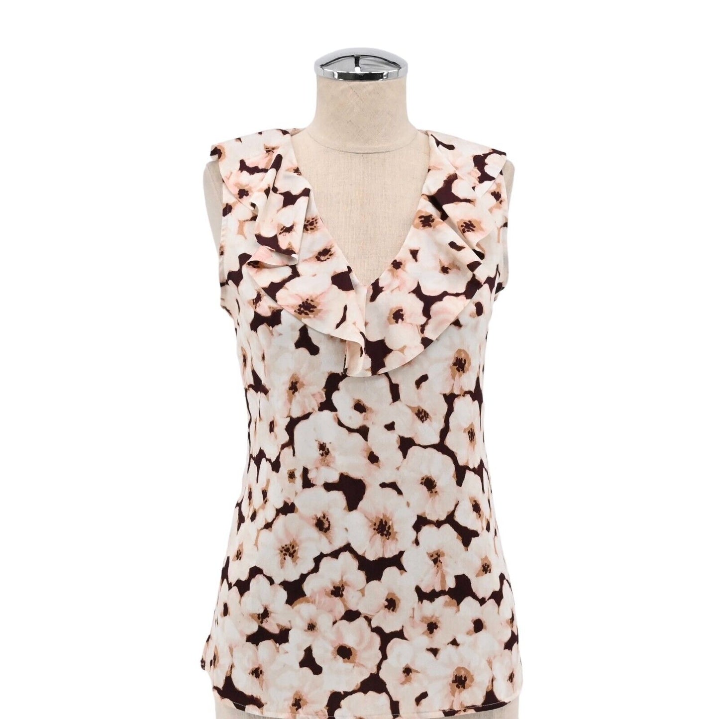 BANANA REPUBLIC Top Womens Sz XS Burgundy Blush Floral Sleeveless Ruffle V Neck