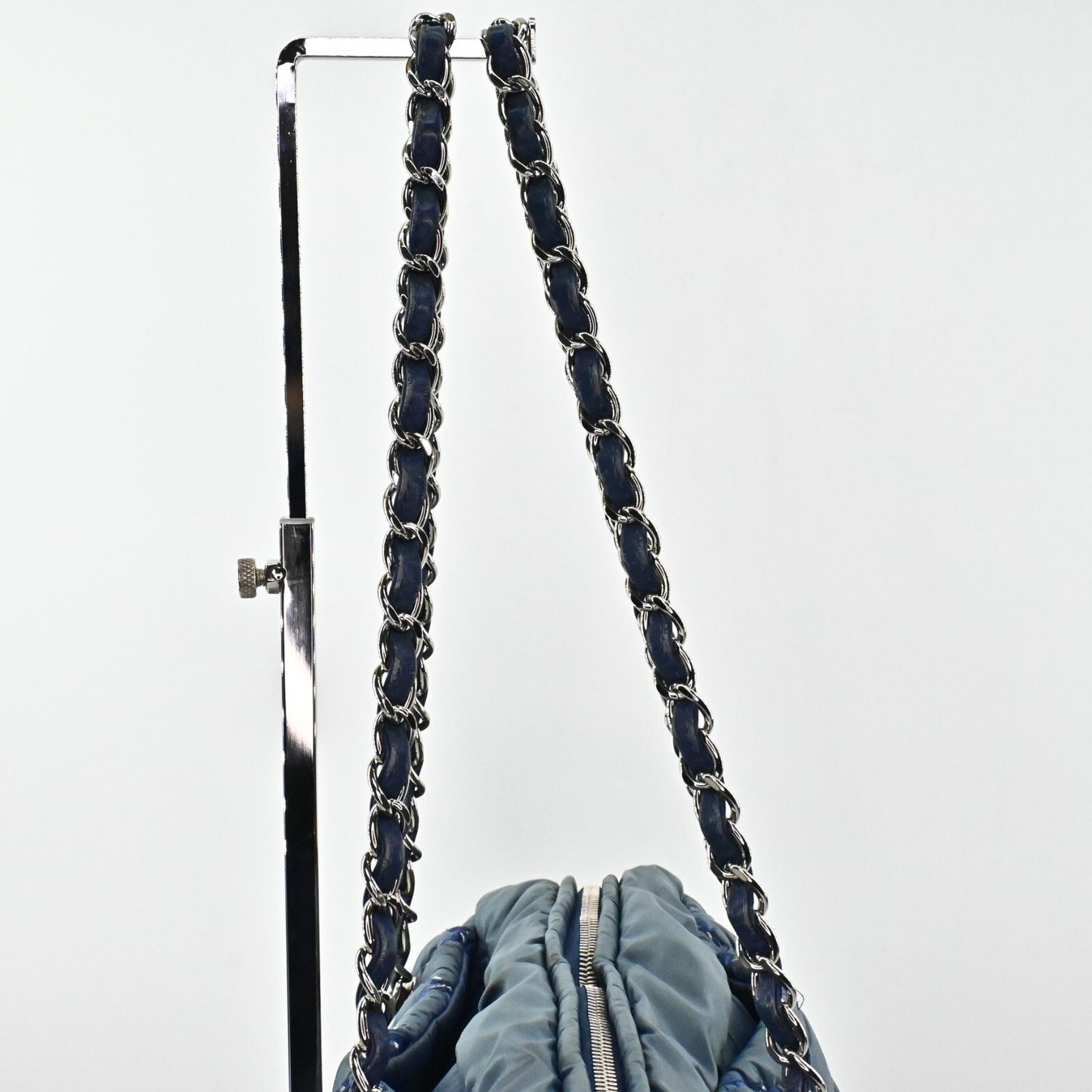 CHANEL Shoulder Bag Byzance Tweed On Stitch Blue Nylon Quilted Chain Strap
