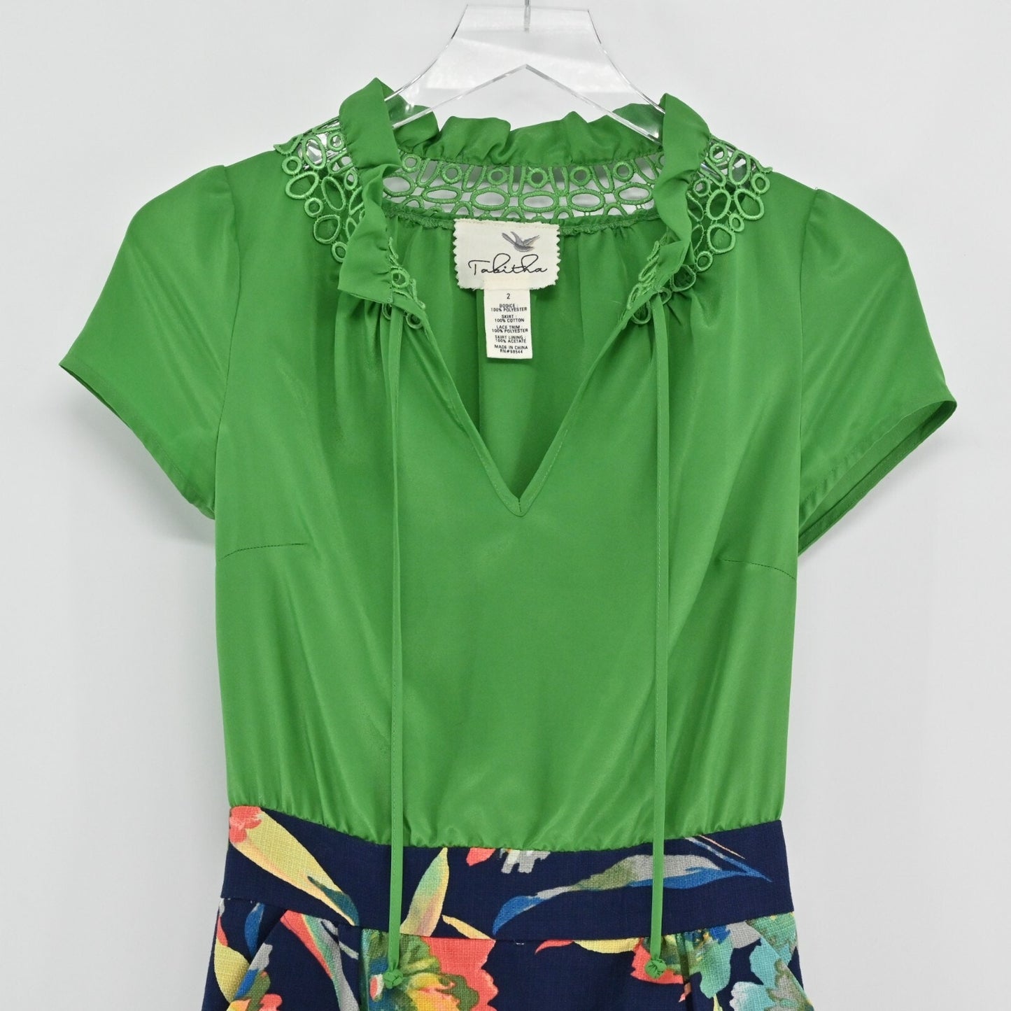 Anthropologie Womens Green Floral Dress Size 2 Elland TABITHA Blouson Tie Neck