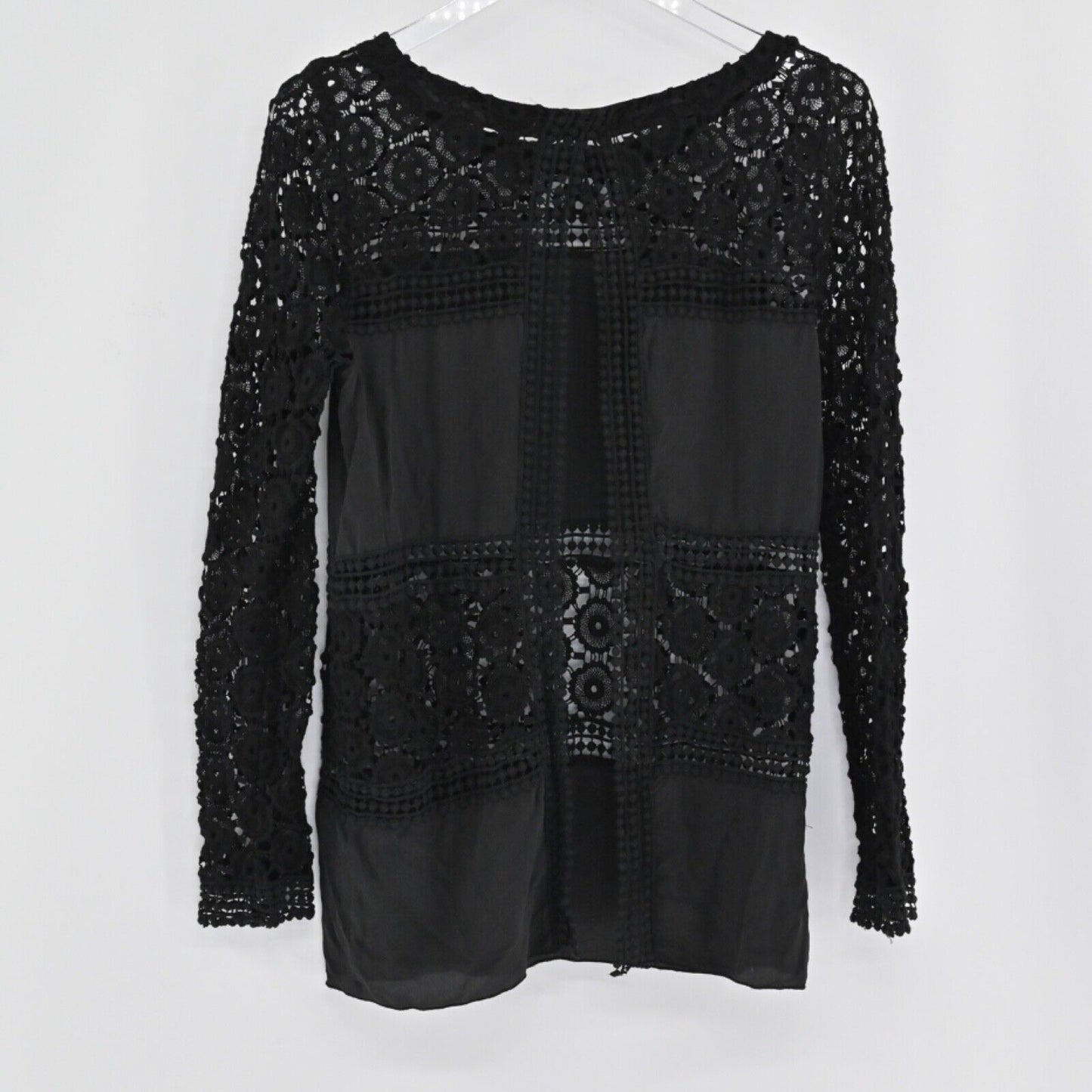JOHNNY WAS Top Womens Size S Silk Crochet Black Tulip Back 4 LOVE AND LIBERTY