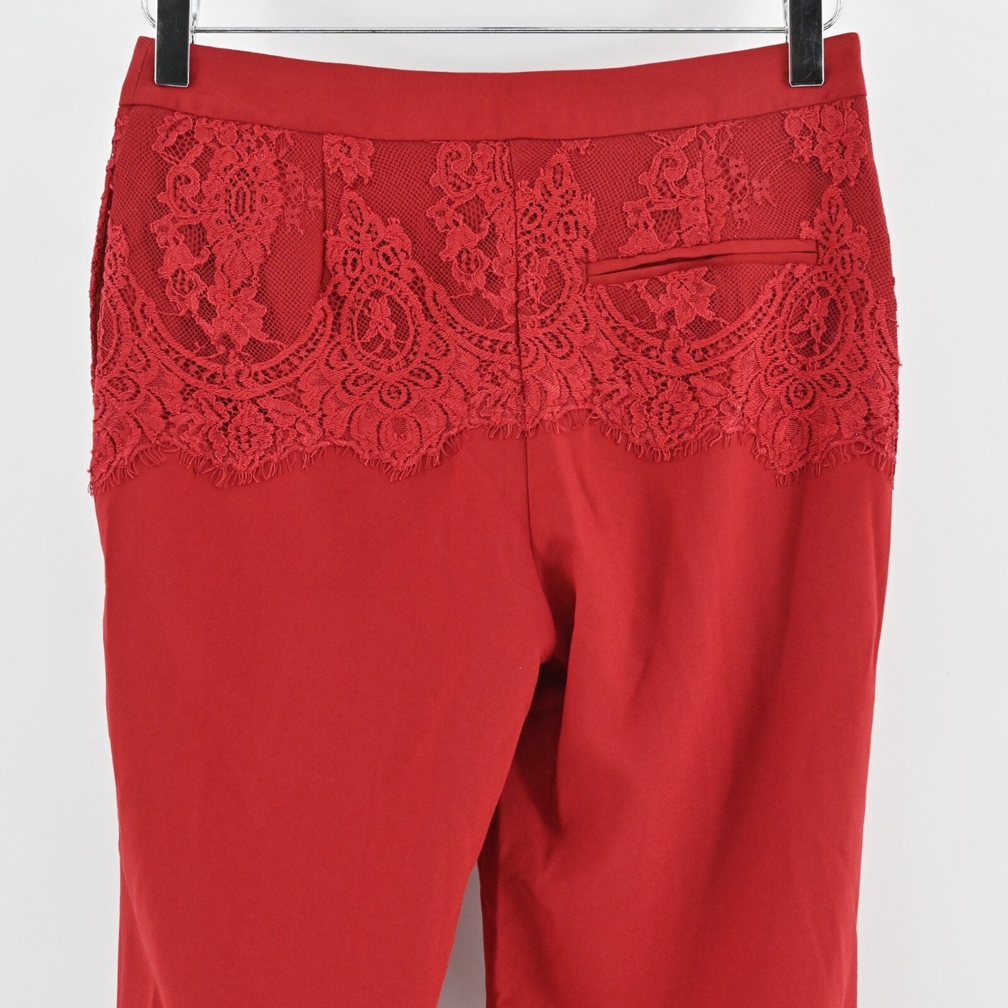 AIJEK Womens Red Pants Size S Lace Detail Straight Stretch Mid Rise Trousers
