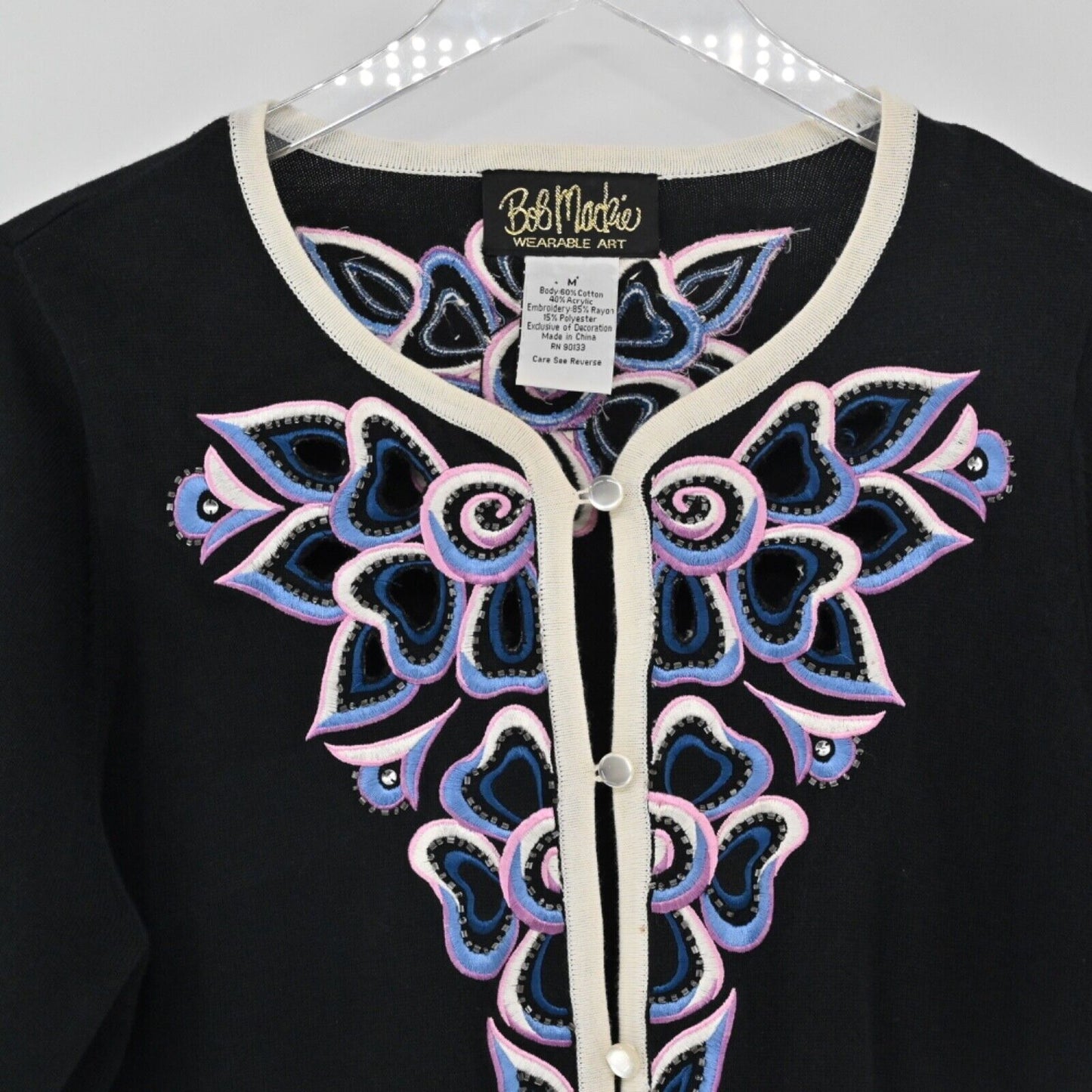 Vtg BOB MACKIE Cardigan Womens Sz M Cut Out Floral Embroidered Beaded Rhinestone