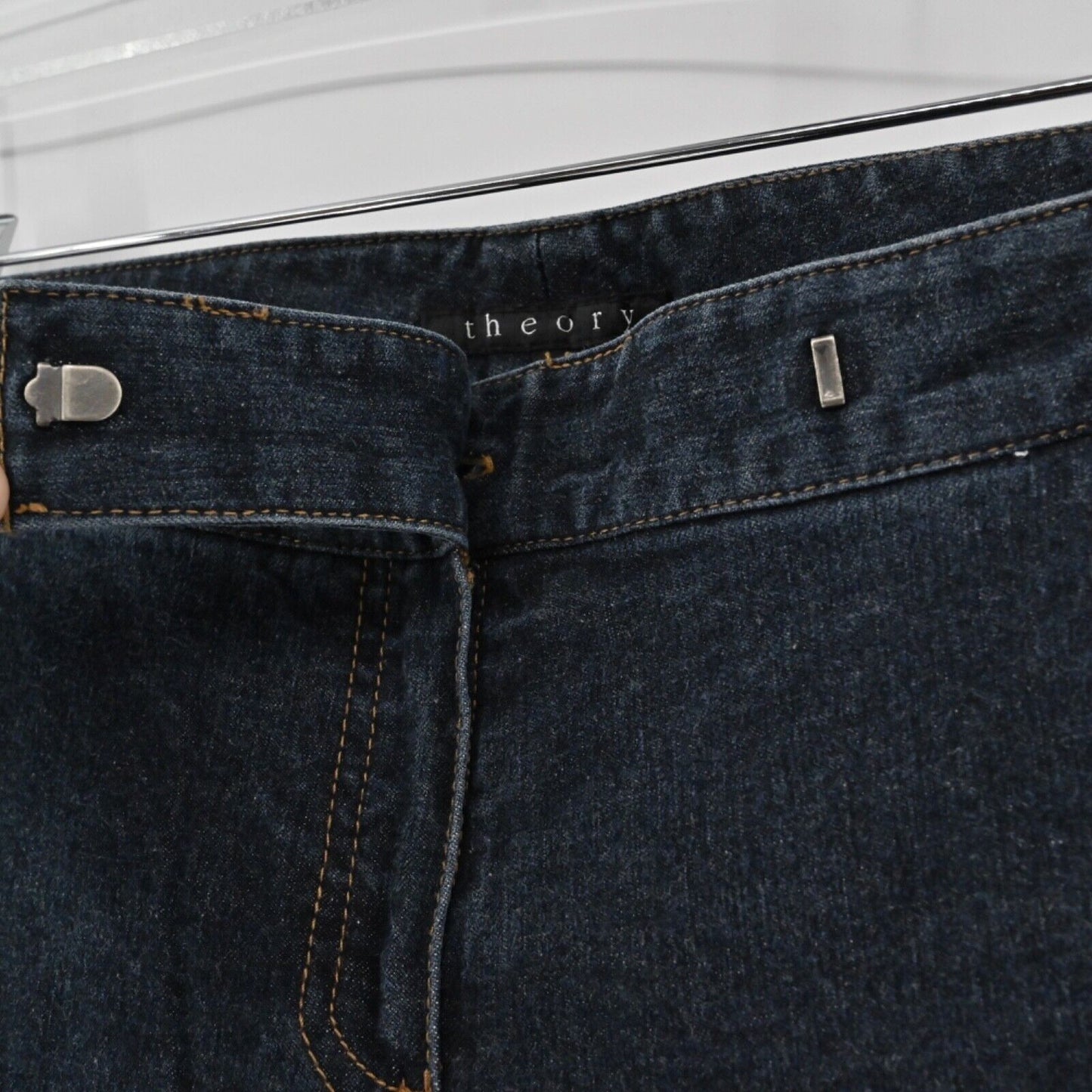 Vtg THEORY Jeans Womens Sz 2 Flare Trouser Dark Wash Low Rise Stretch Office Y2k