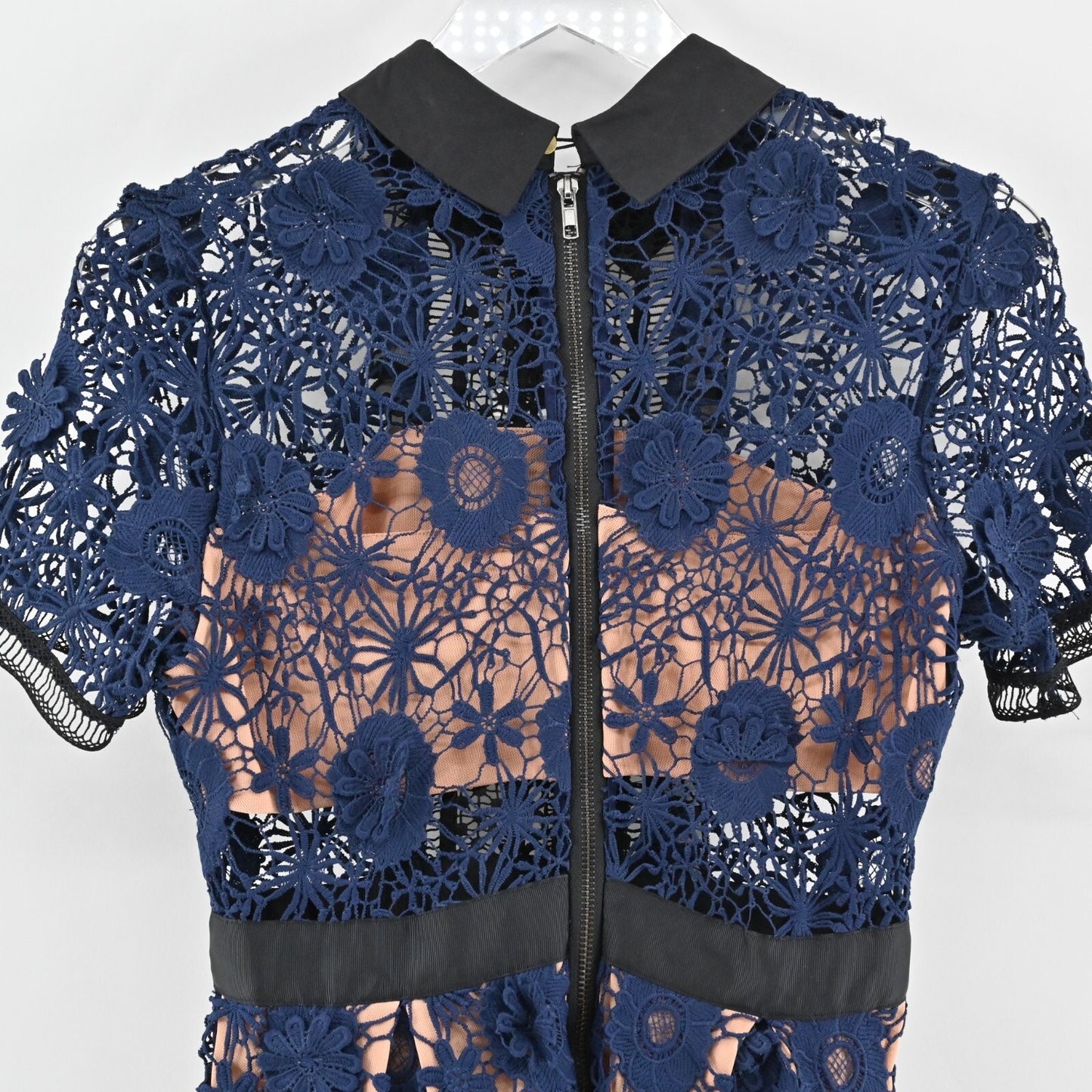 FEW MODA Navy Floral Midi Dress Size M Yoke Collar Lace Overlay Preppy Chic NEW