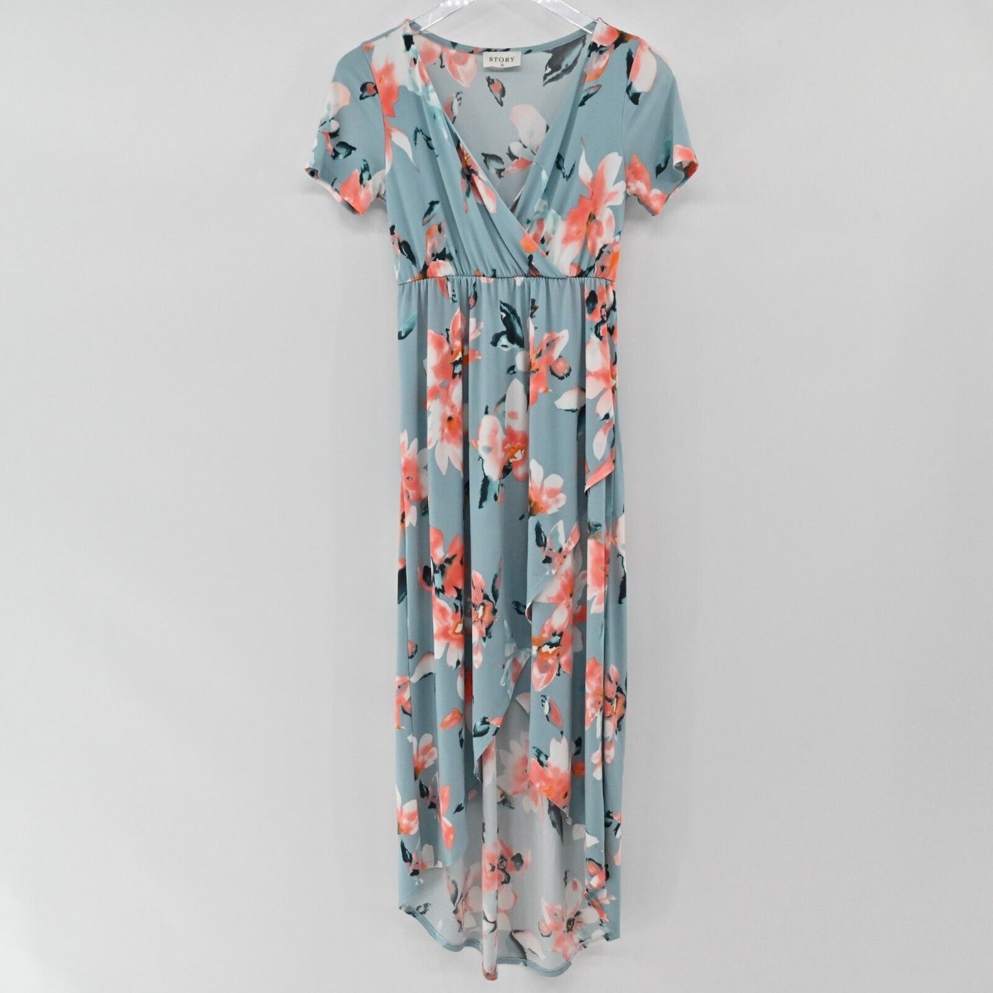 STORY Dress Womens Size S Blue Coral Summer Floral Maxi Hi Low Stretch Comfort
