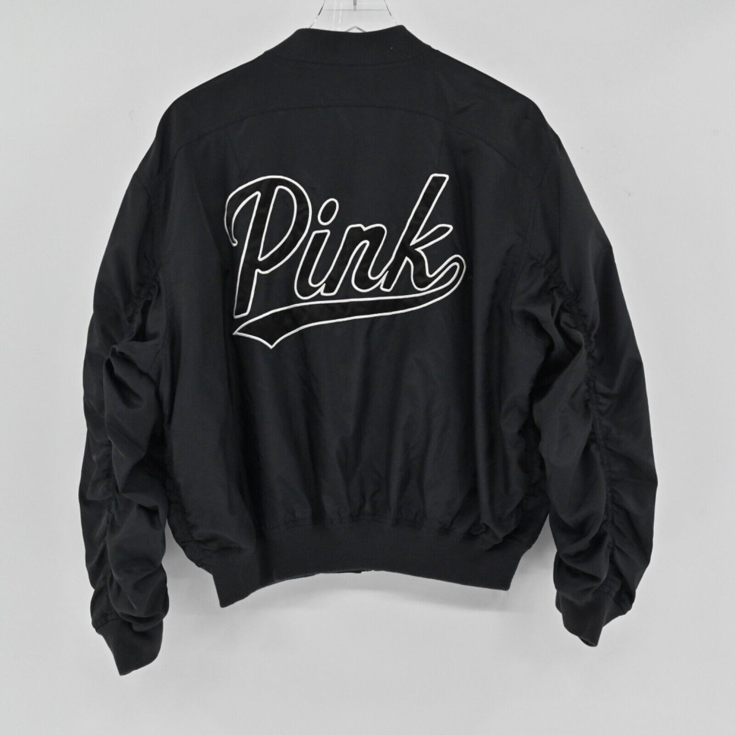 PINK Victorias Secret Jacket Womens Sz S Black Ruched Sleeve Varsity Logo Bomber