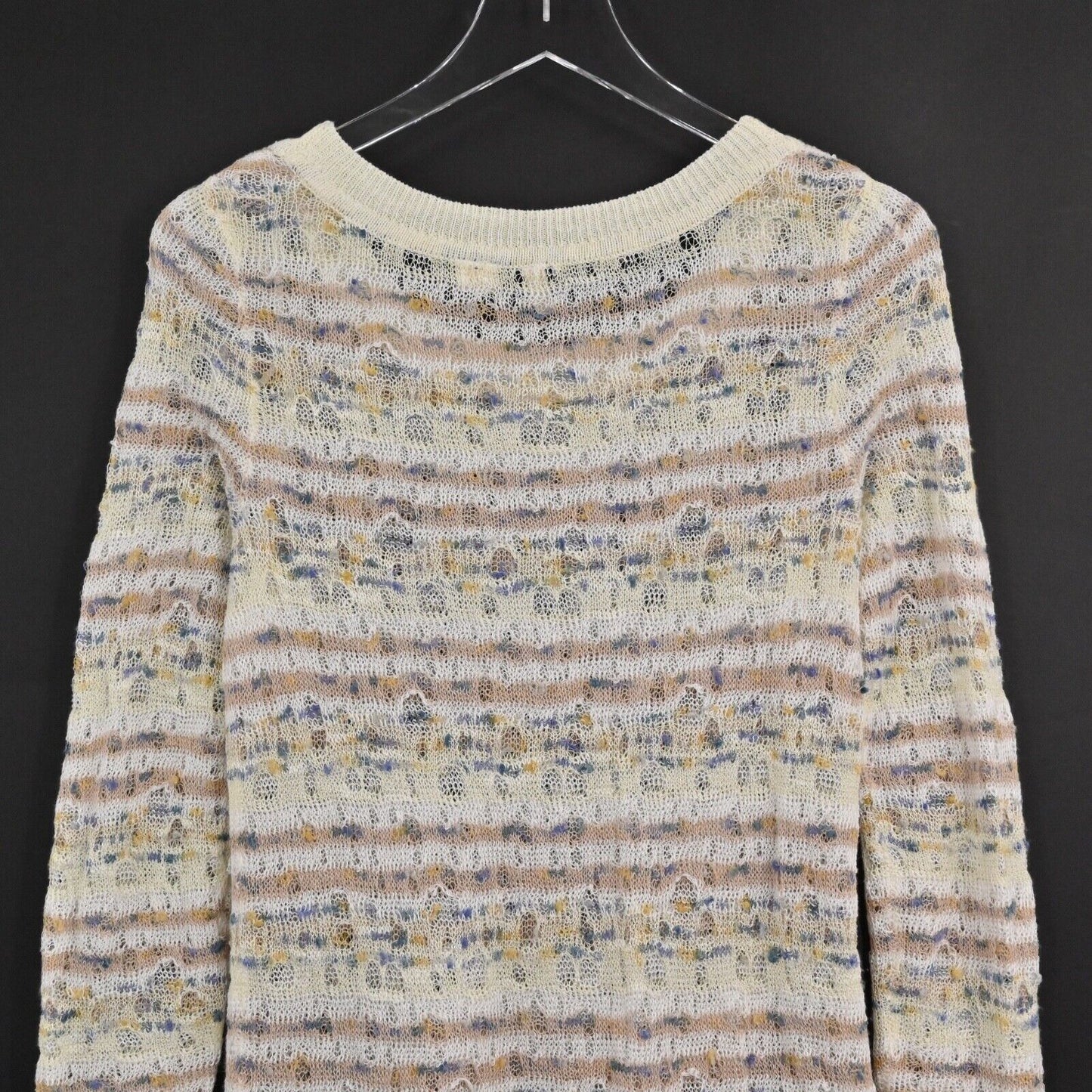 ANTHROPOLOGIE Sweater Womens Size S Cream Stripe Linen Open Knit Scoop Neck MOTH