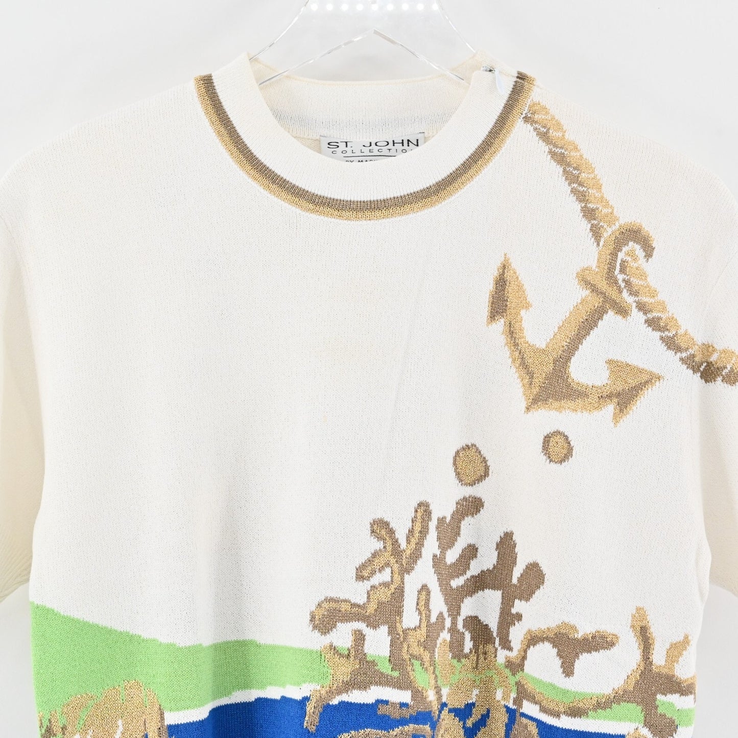 ST JOHN Sweater Womens Size MP Santana Knit Wool Blend Nautical Ocean Dog Show
