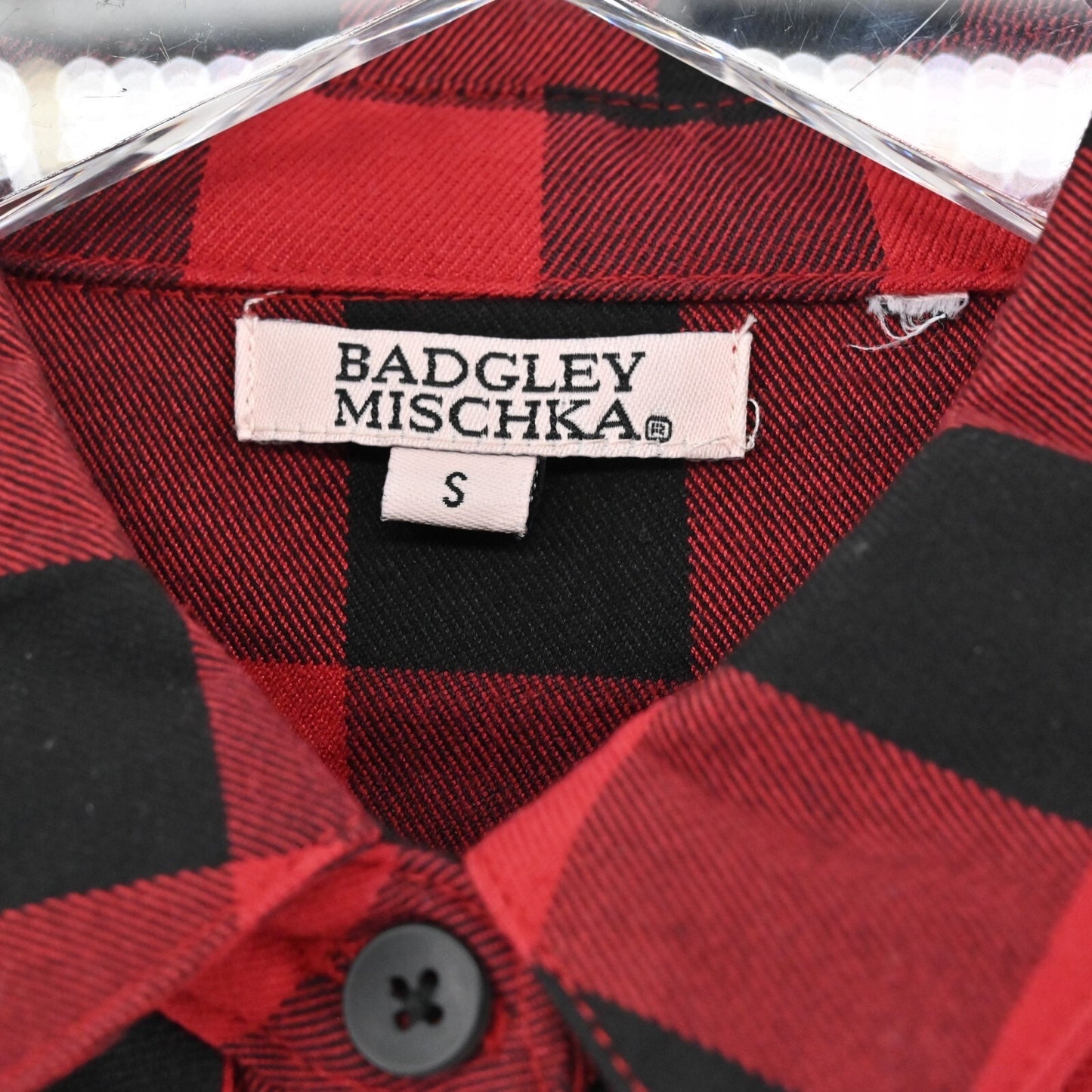 BADGLEY MISCHKA Top Womens Size S Red Black Gingham Button Front Pocket Blouse