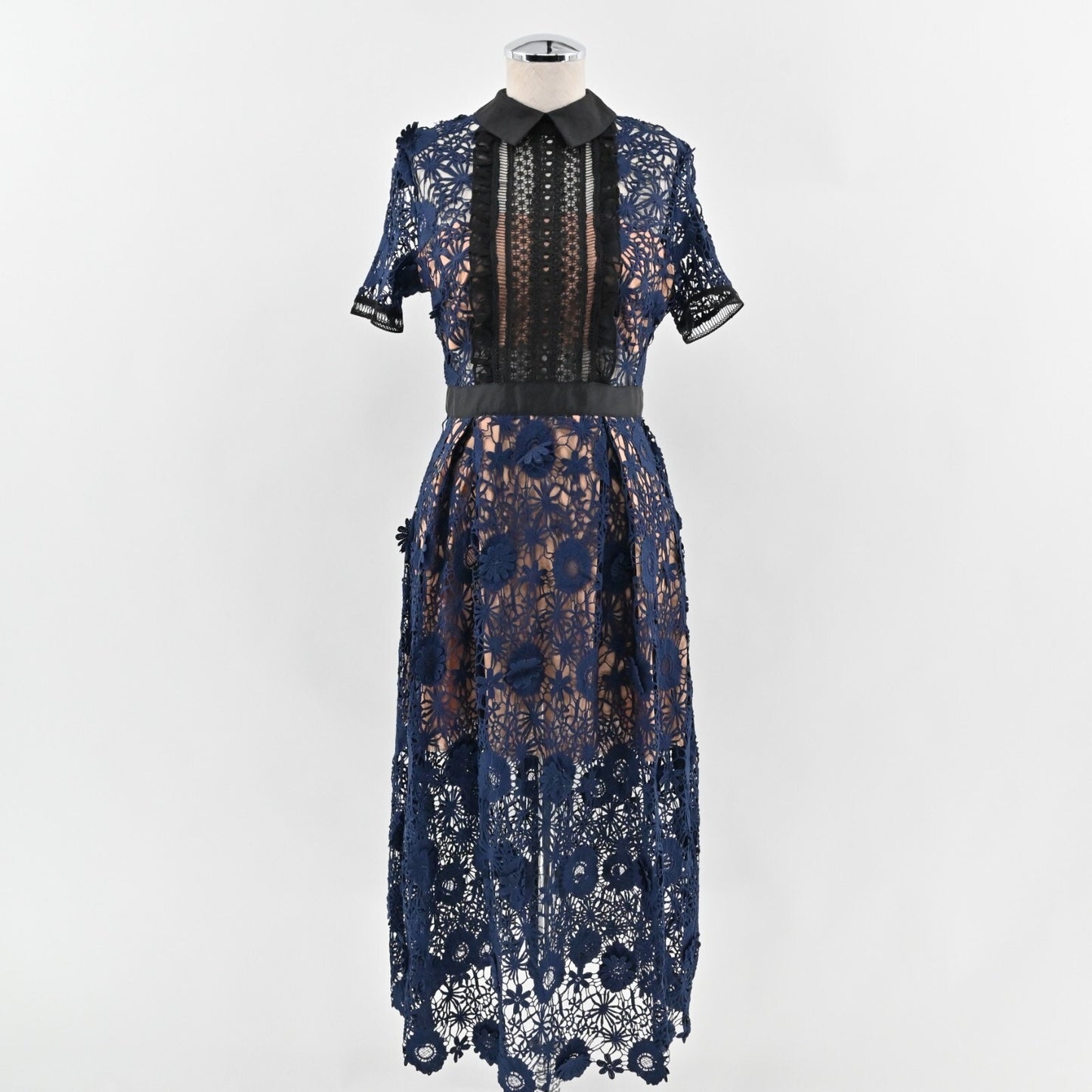 FEW MODA Navy Floral Midi Dress Size M Yoke Collar Lace Overlay Preppy Chic NEW