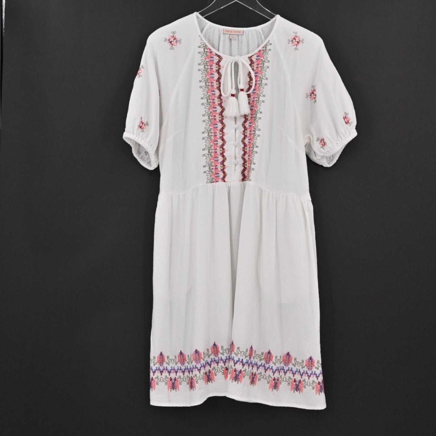 KNOX ROSE Embroidered Dress Womens Size L Cottagecore Tassel Tie Button White