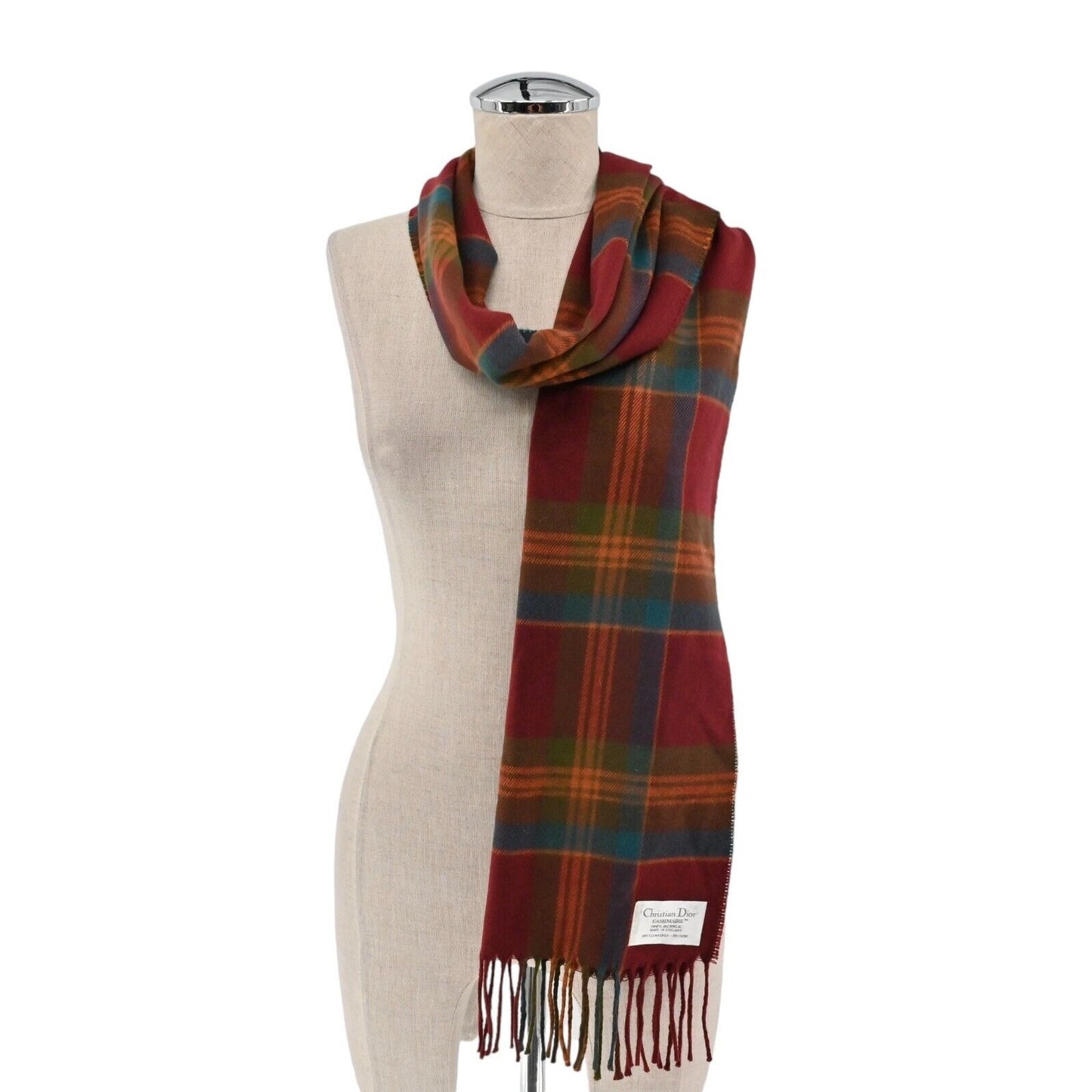 Vintage CHRISTIAN DIOR Scarf Unisex Cashmaire Fringe Plaid Scottish England 80s