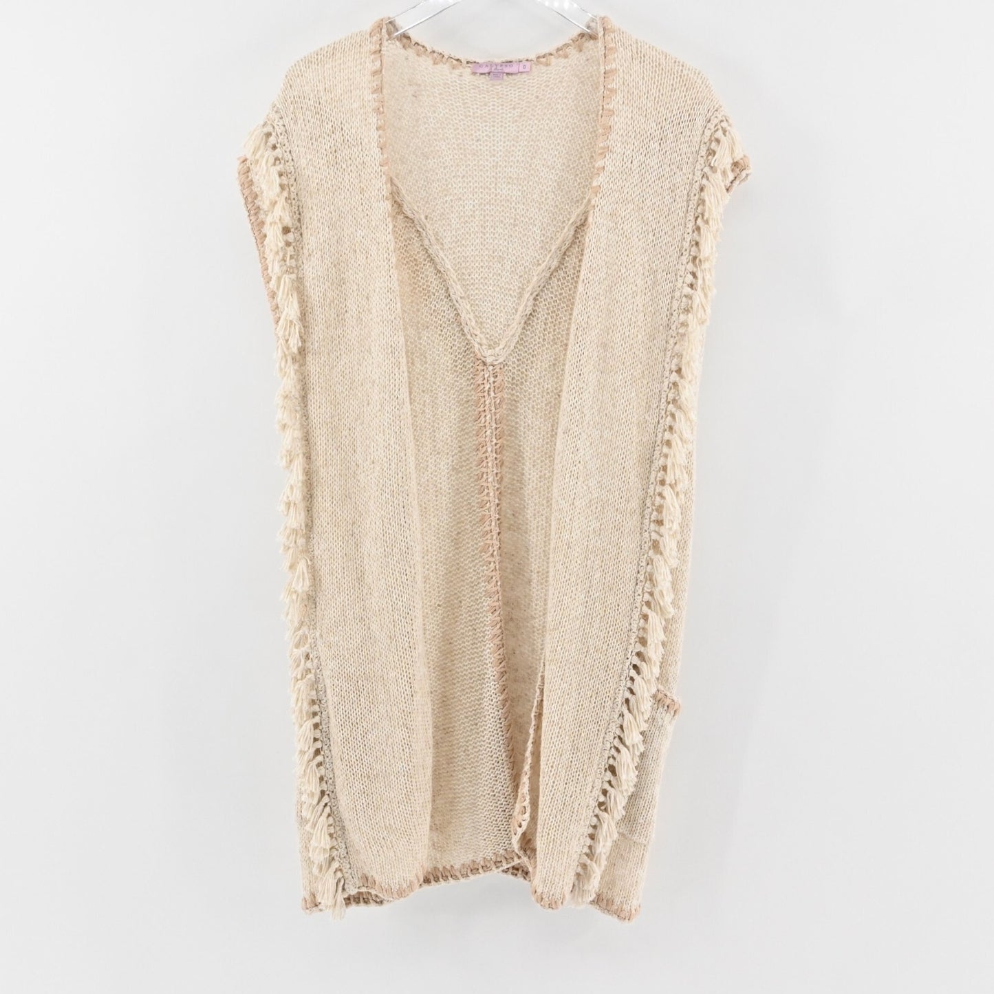 CALYPSO St Barth Cardigan Sweater Womens Size 0 Beige Knit Fringe Boho Festival