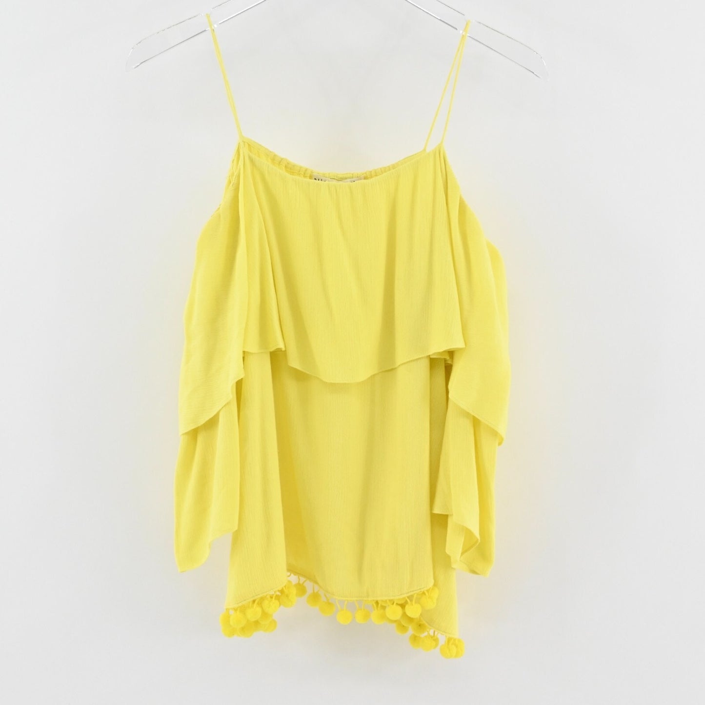 ALICE OLIVIA Womens Meagan Top Size S Yellow Cold Shoulder Pom Pom Trim Blouse