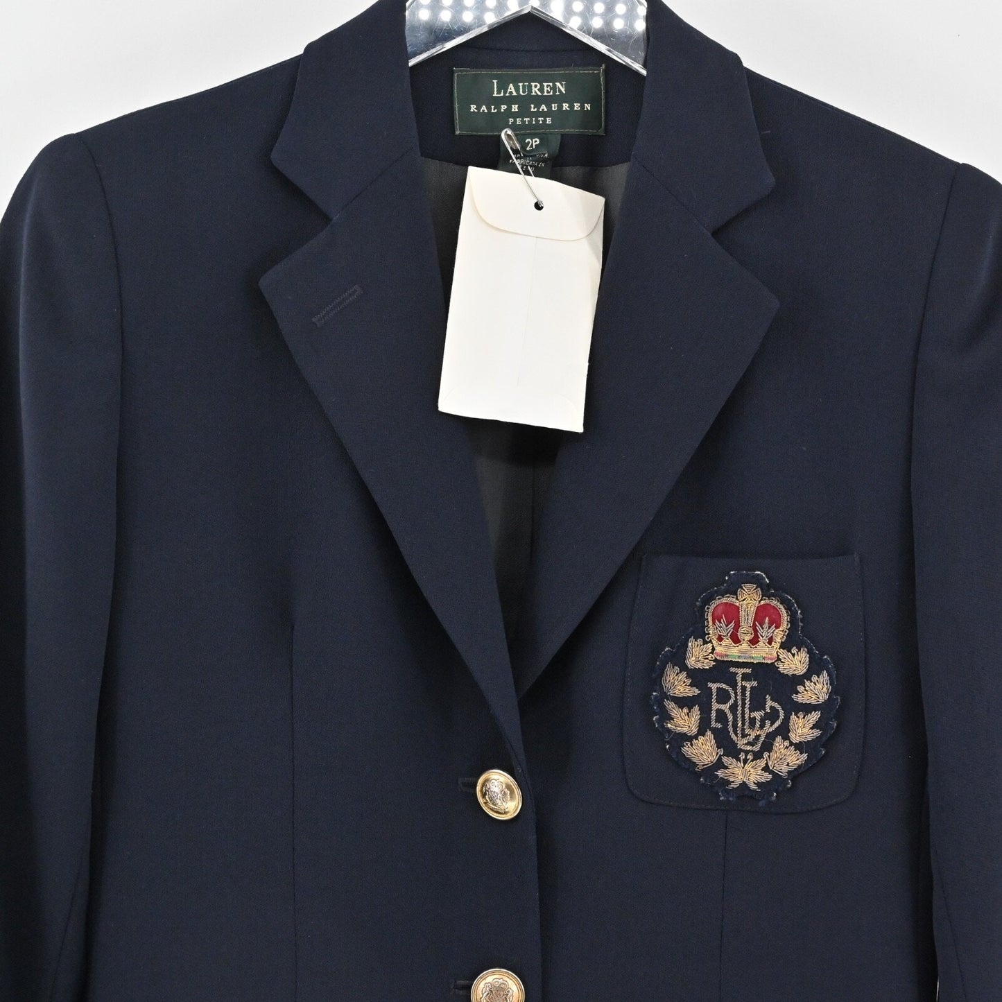 Vtg RALPH LAUREN Womens Blazer Size 2P LRL Navy Wool Academia Crest USA Y2K
