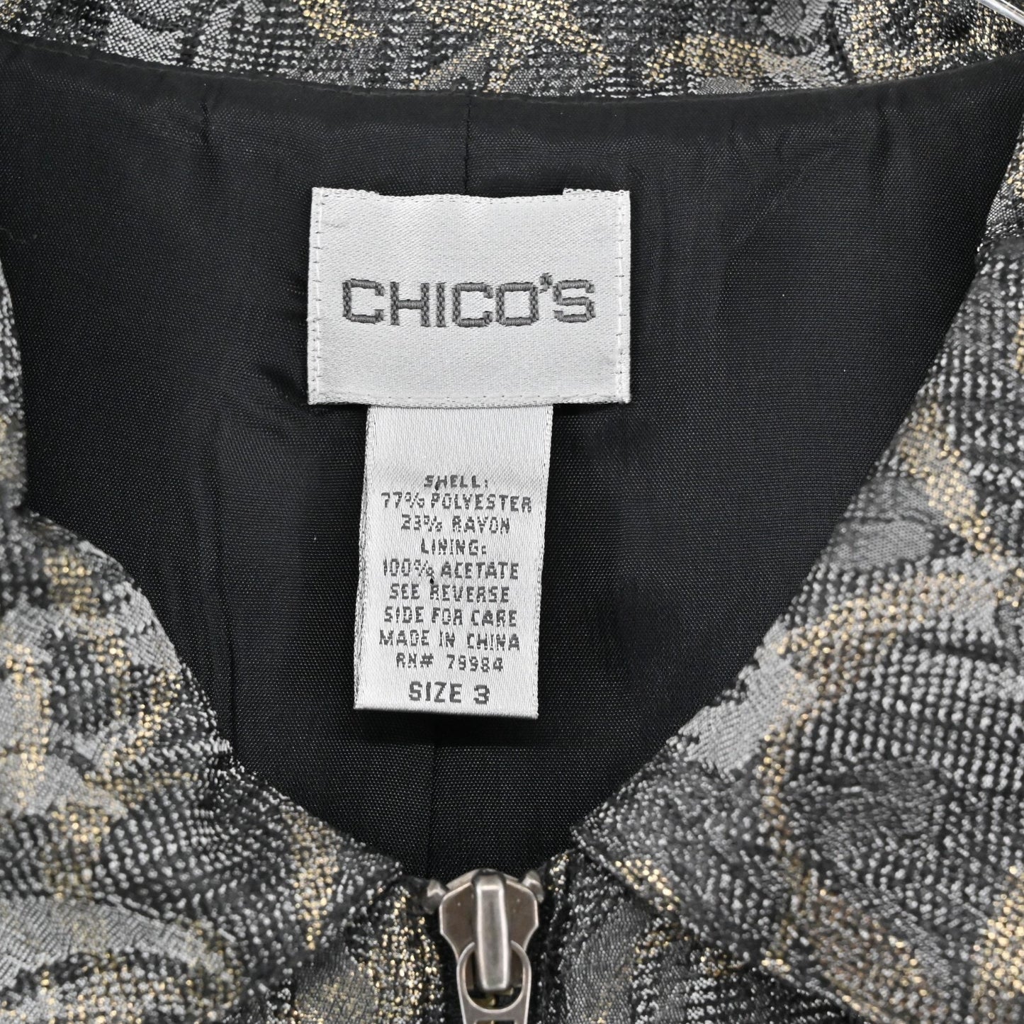 CHICOS Jacket Womens Size XL Barrett Shimmering Scroll Dark Gray Gold Zip Front