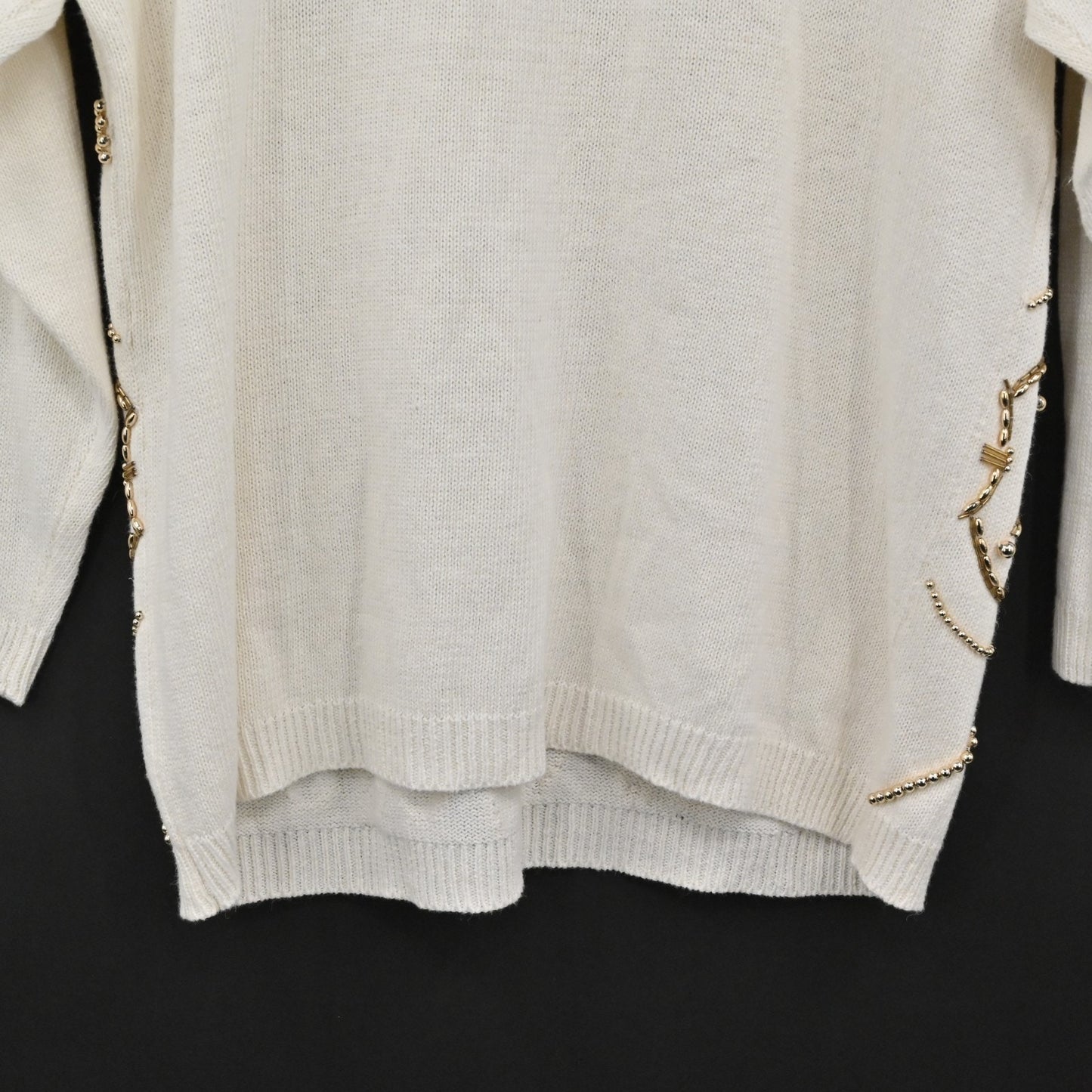 Vtg 80s Womens Gold Beaded Sweater Sz M Cream Victoria Jones Knit Fleur De Lis