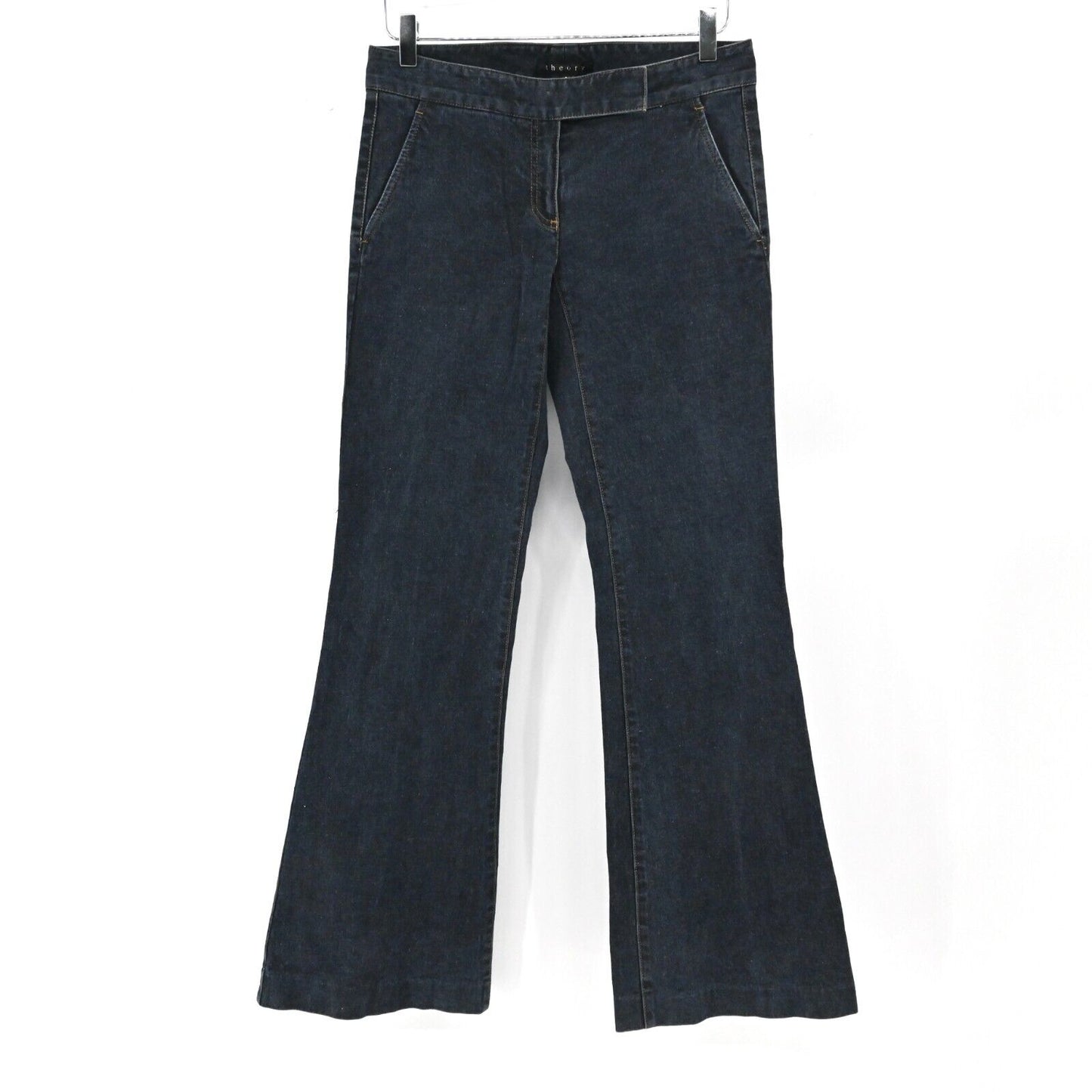 Vtg THEORY Jeans Womens Sz 2 Flare Trouser Dark Wash Low Rise Stretch Office Y2k