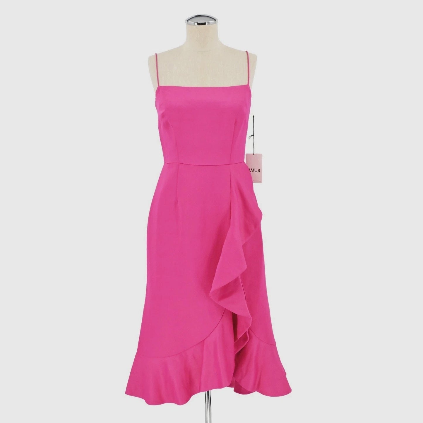 AMUR Ashley Dress Size 2 Linen Pink Satin Ruffle Wedding Guest Feminine Romantic